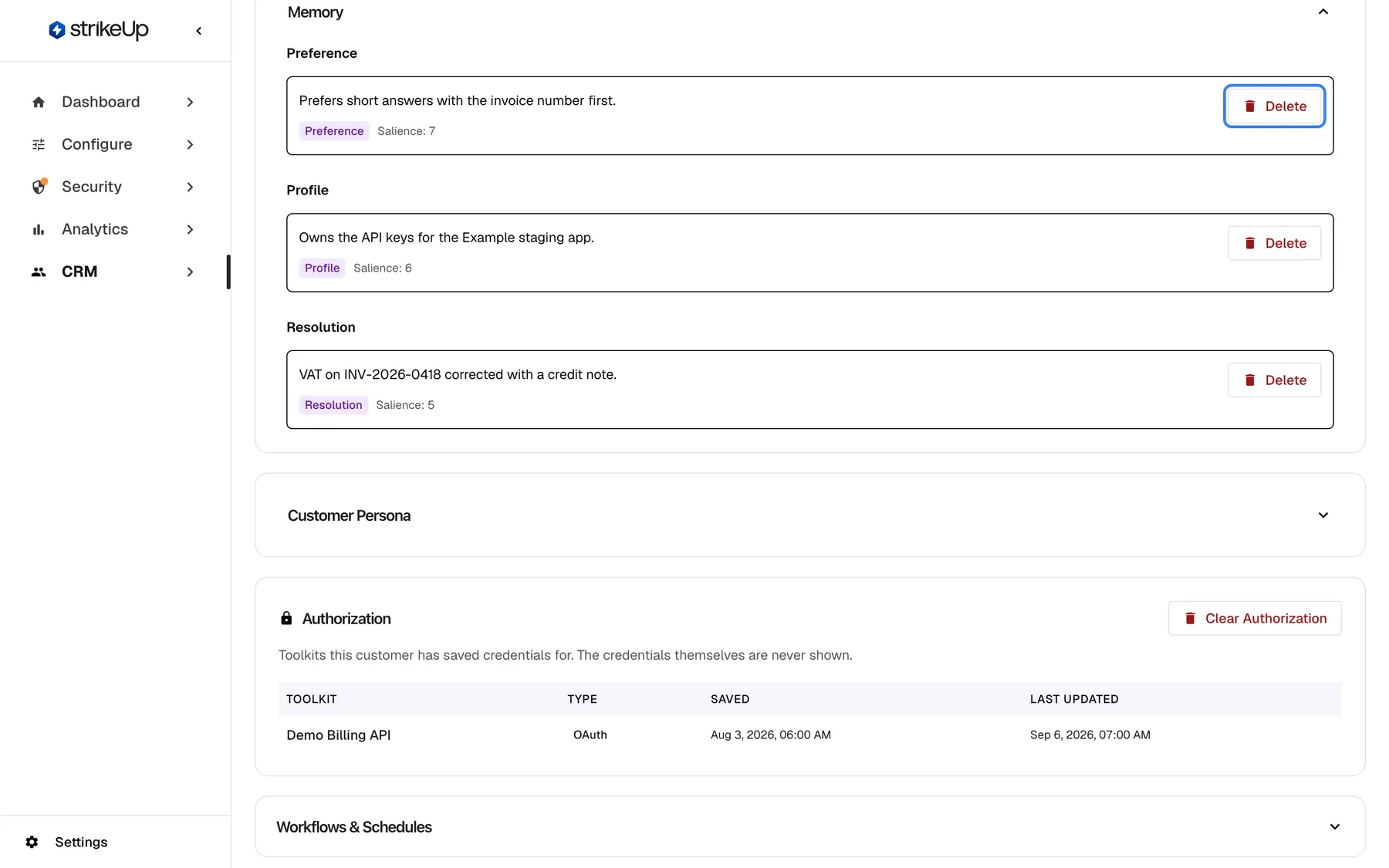 The expanded Memory section on Morgan Hayes' details page, grouped by category. Under Preference: "Prefers short answers with the invoice number first." (Salience: 7); under Profile: "Owns the API keys for the Example staging app." (Salience: 6); under Resolution: "VAT on INV-2026-0418 corrected with a credit note." (Salience: 5). Each memory has a red Delete button; the first one is highlighted. Deleting removes the memory at once, without a confirmation.