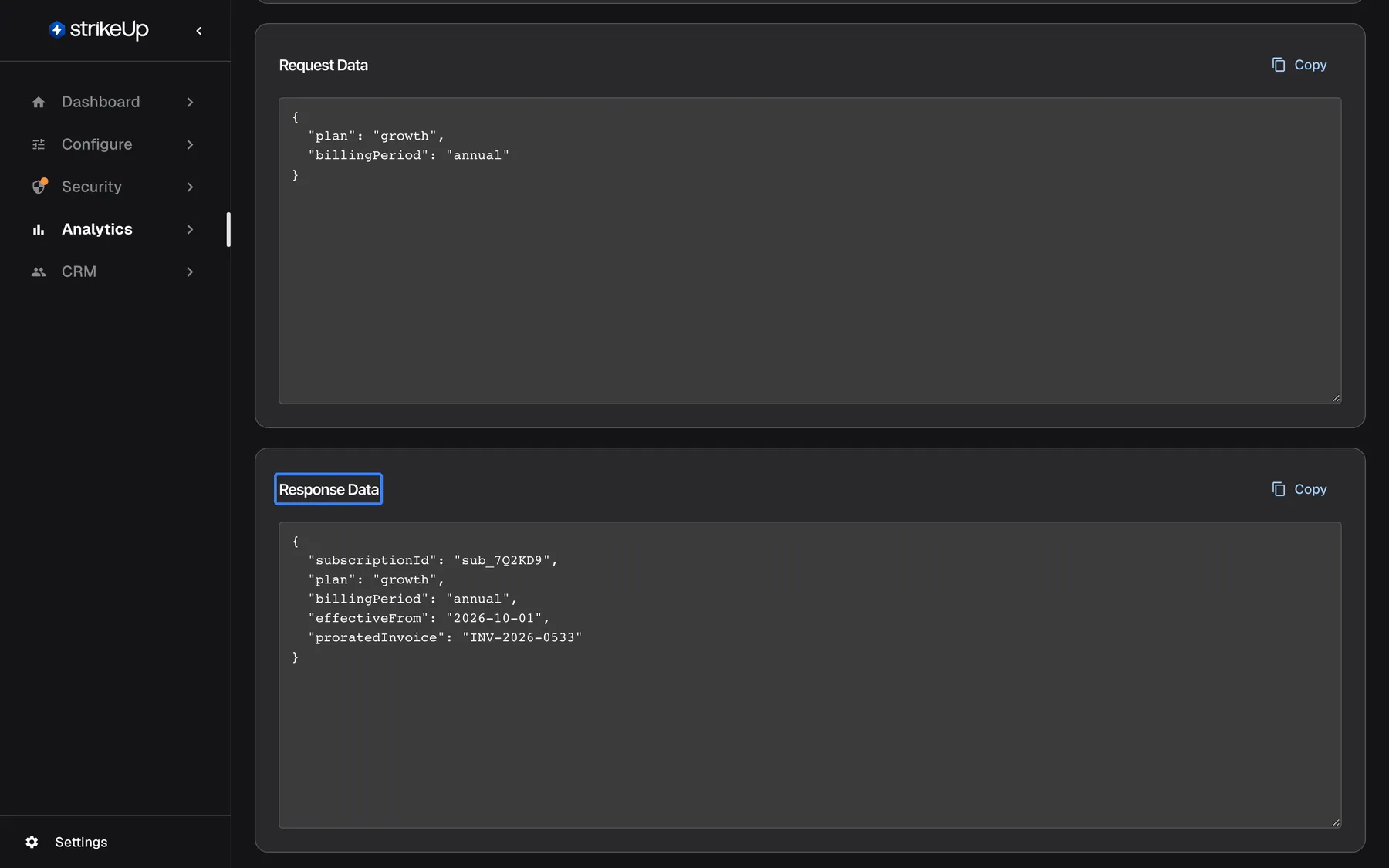 Step 6 on the tool run page. "Request Data" shows what the assistant sent to the plan endpoint of subscription sub_7Q2KD9: plan growth, billingPeriod annual. The highlighted "Response Data" shows what the API returned: the same subscription with effectiveFrom 2026-10-01 and proratedInvoice INV-2026-0533. The API did its job; the gap was in the answer, so the fix belongs in the skill or knowledge base, not in the toolkit.