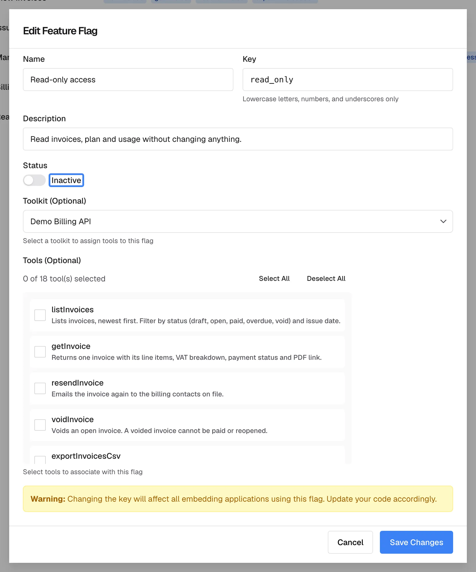 The "Edit Feature Flag" dialog for "Read-only access", with key read_only. The highlighted "Status" switch is set to Inactive. An inactive policy disappears from the Tool Access Simulation pickers but, today, a session that sends its key still receives its tools. Below are "Toolkit (Optional)", "Tools (Optional)" with the tool checklist, a "Warning:" box about changing the key, and "Cancel" and "Save Changes".