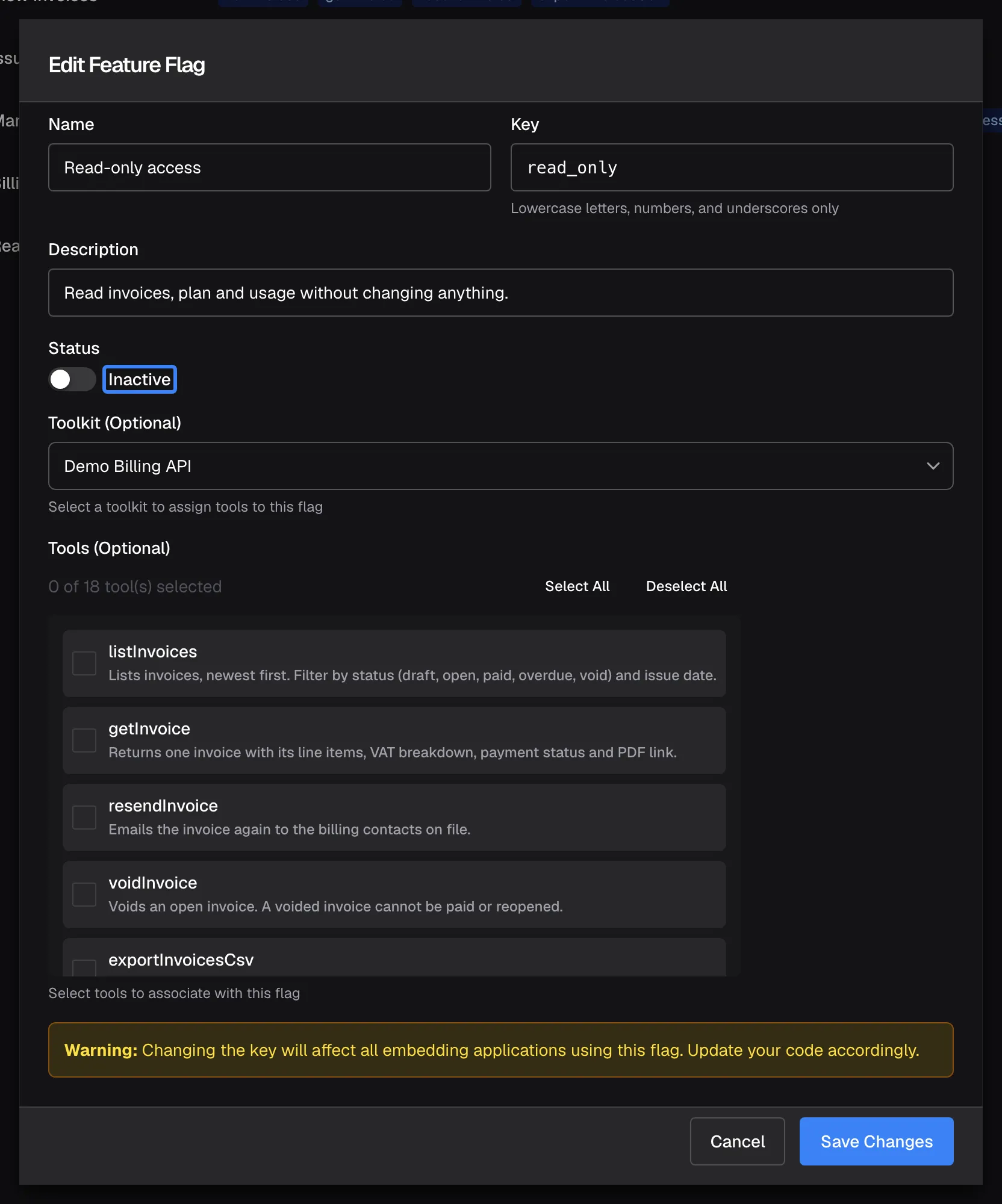 The "Edit Feature Flag" dialog for "Read-only access", with key read_only. The highlighted "Status" switch is set to Inactive. An inactive policy disappears from the Tool Access Simulation pickers but, today, a session that sends its key still receives its tools. Below are "Toolkit (Optional)", "Tools (Optional)" with the tool checklist, a "Warning:" box about changing the key, and "Cancel" and "Save Changes".