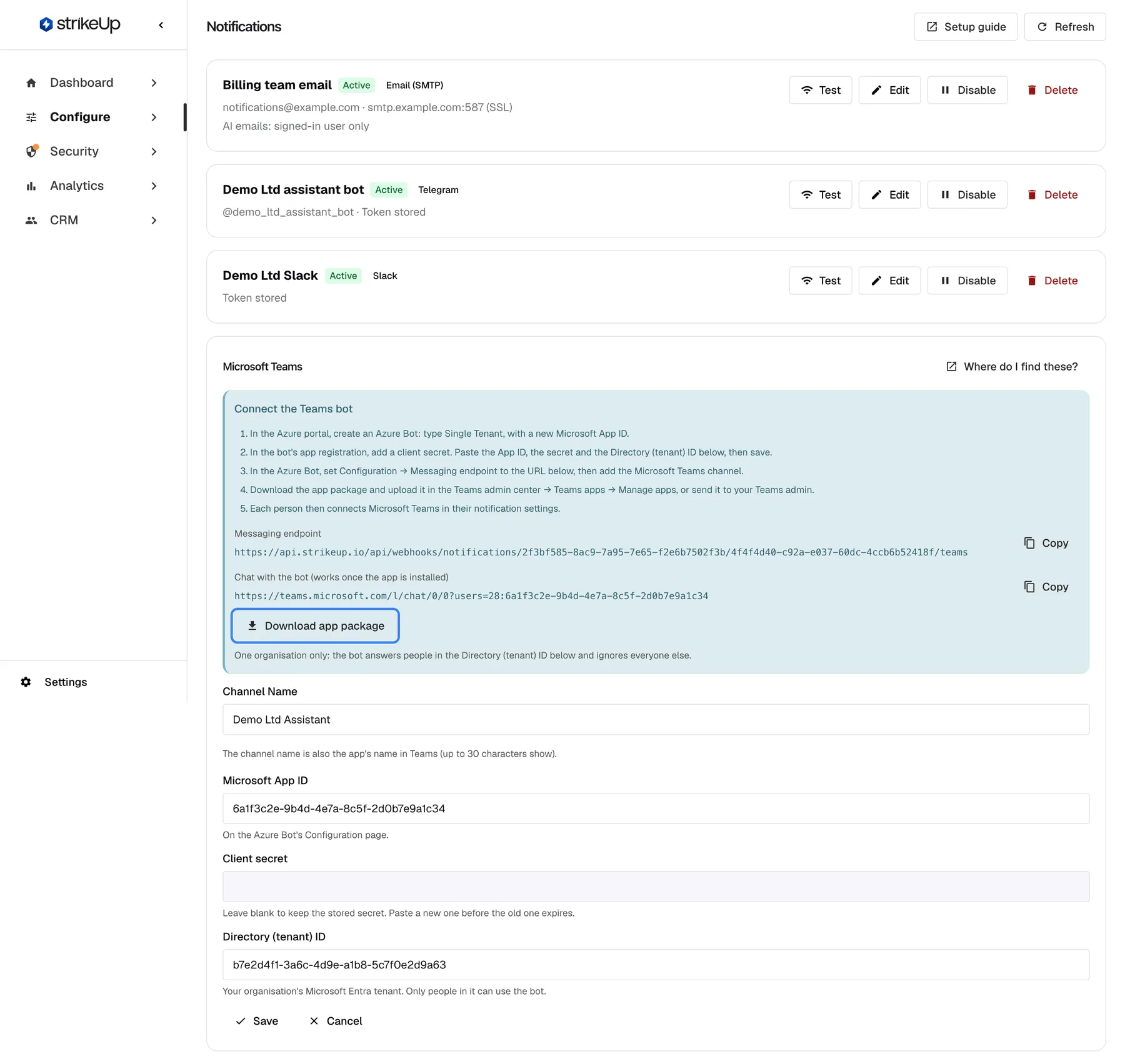 The Microsoft Teams channel "Demo Ltd Assistant" opened for editing. A blue panel, "Connect the Teams bot", lists five steps: create a Single Tenant Azure Bot, add a client secret and paste the IDs, set the Messaging endpoint in Azure and add the Teams channel, upload the app package in the Teams admin center, and let each person connect Teams in their notification settings. Below the steps are the "Messaging endpoint" and the chat link, each with "Copy", and the highlighted "Download app package" button. Under the panel are "Channel Name", "Microsoft App ID", "Client secret" (blank, stored value kept) and "Directory (tenant) ID".