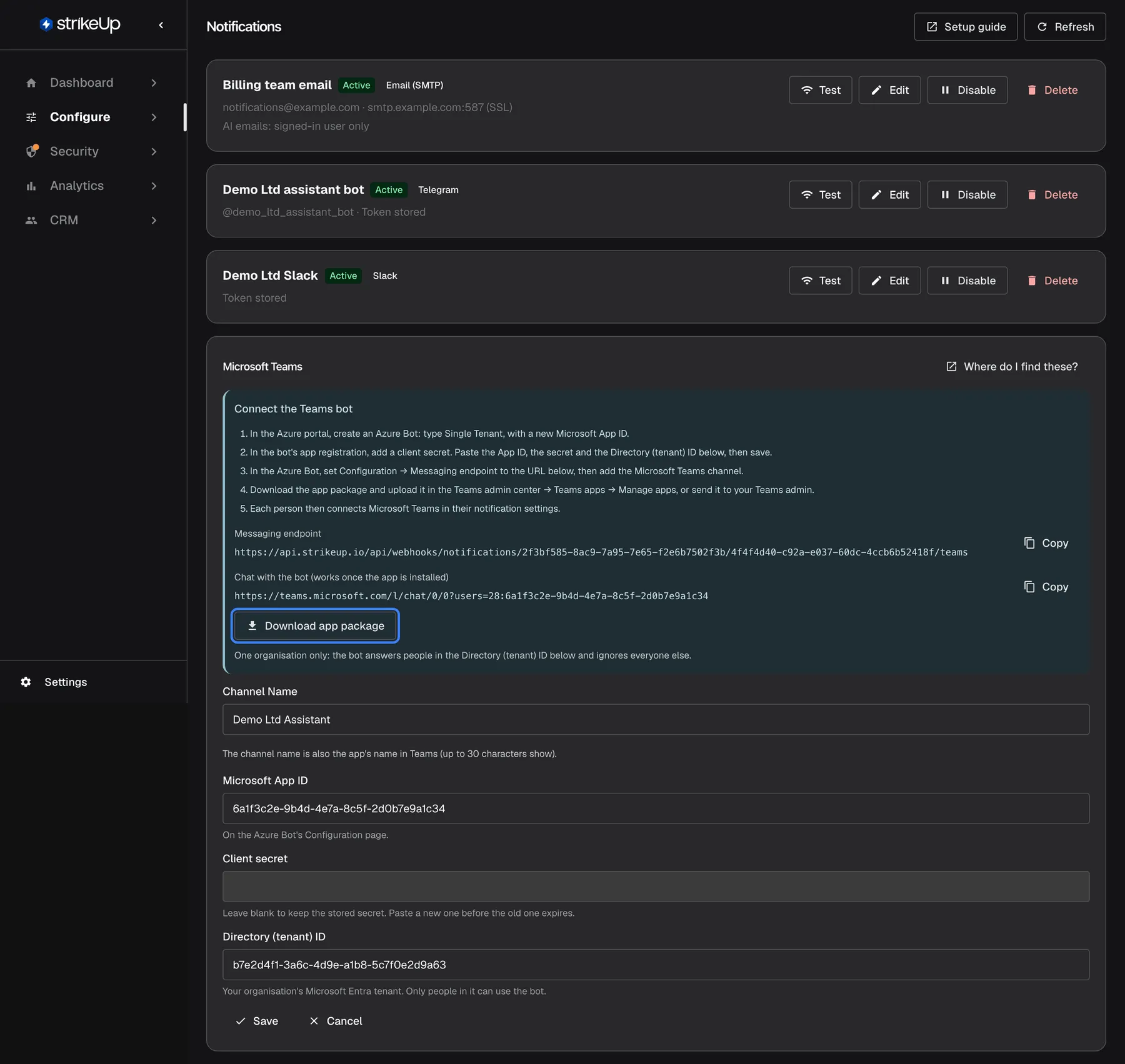 The Microsoft Teams channel "Demo Ltd Assistant" opened for editing. A blue panel, "Connect the Teams bot", lists five steps: create a Single Tenant Azure Bot, add a client secret and paste the IDs, set the Messaging endpoint in Azure and add the Teams channel, upload the app package in the Teams admin center, and let each person connect Teams in their notification settings. Below the steps are the "Messaging endpoint" and the chat link, each with "Copy", and the highlighted "Download app package" button. Under the panel are "Channel Name", "Microsoft App ID", "Client secret" (blank, stored value kept) and "Directory (tenant) ID".