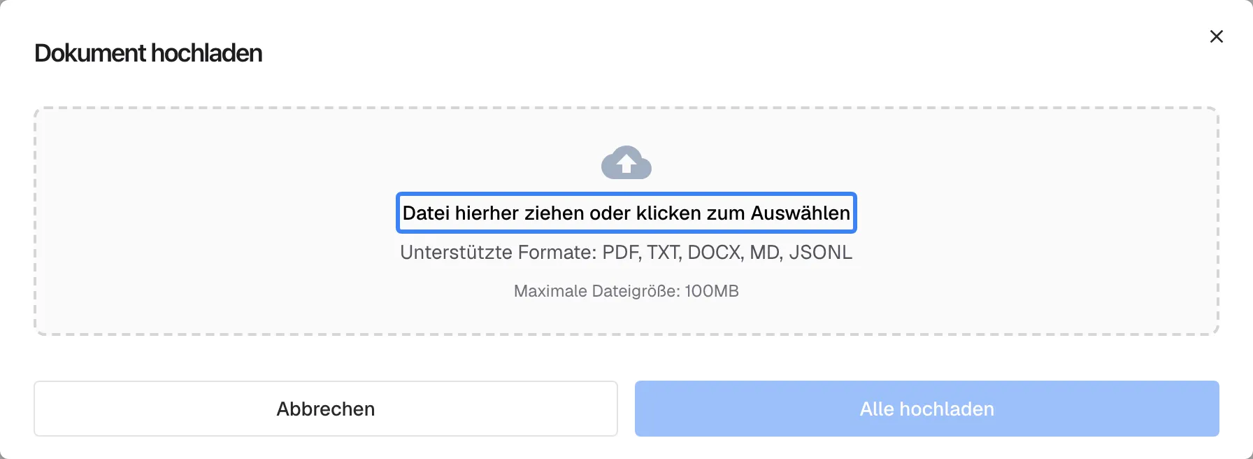 Der Dialog „Dokument hochladen“ der Wissensdatenbank. Ein gestrichelter Ablagebereich mit Wolkensymbol trägt den hervorgehobenen Text „Datei hierher ziehen oder klicken zum Auswählen“, darunter „Unterstützte Formate: PDF, TXT, DOCX, MD, JSONL“ und „Maximale Dateigröße: 100MB“. Unten stehen „Abbrechen“ und „Alle hochladen“, das deaktiviert bleibt, bis mindestens eine Datei gewählt ist. Neue Dateien landen in dem Ordner, der auf der Seite ausgewählt ist.