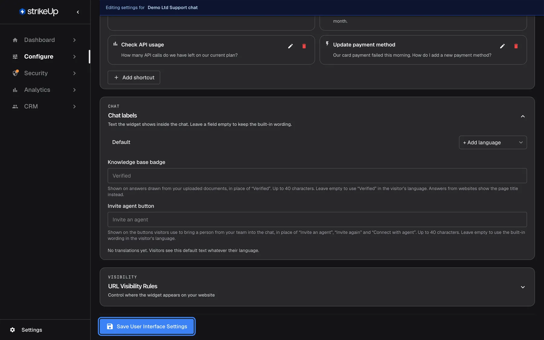 Step 5, the "User Interface" page for the widget "Demo Ltd Support chat", scrolled to the end of its settings. A bar at the top names the widget being edited. Visible are the last Customer Portal page options, the "Shortcut cards" section with the welcome text "Hi! I can help with invoices, plans, payments and your account." and four cards such as "Find an invoice" and "Check API usage", and the collapsed "URL Visibility Rules". At the bottom, the blue "Save User Interface Settings" button is highlighted; it stores display type, colours, portal, shortcuts and visibility rules together.