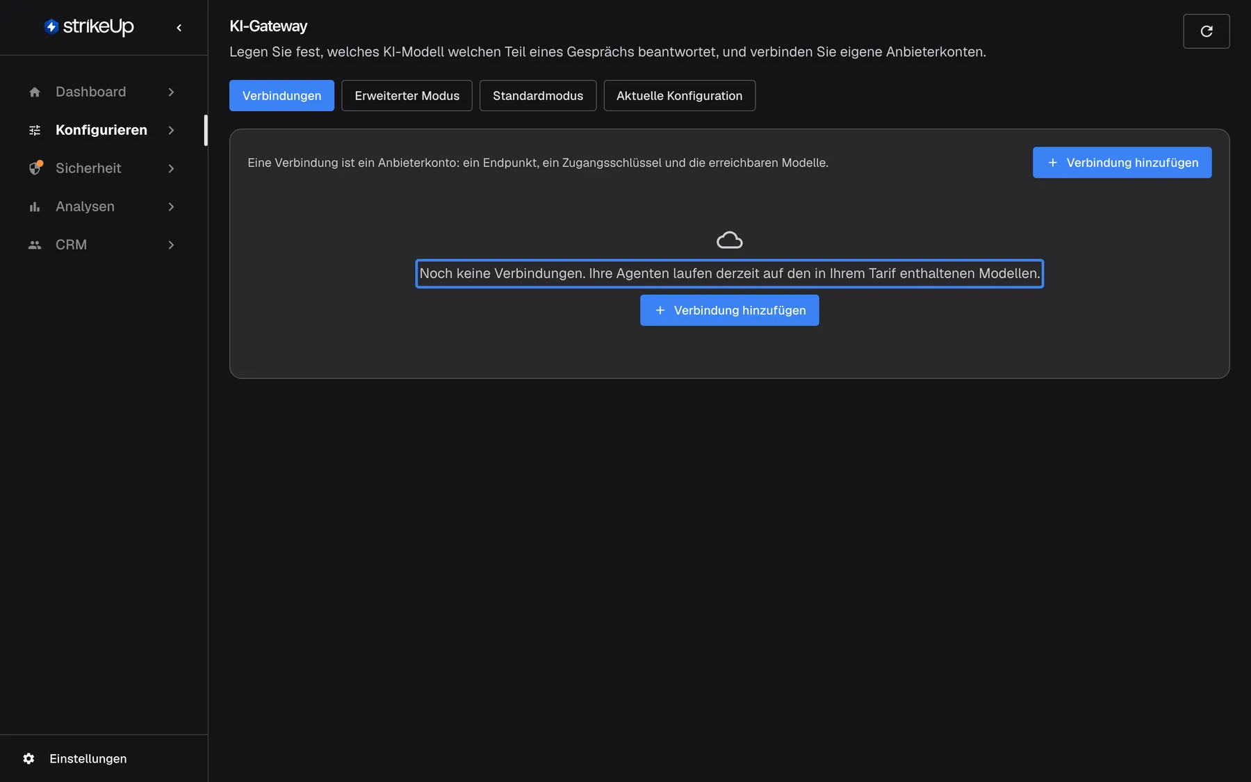 Die Seite KI-Gateway mit ausgewähltem Tab „Verbindungen“ und noch ohne Verbindungen. In der Mitte des Bereichs steht die hervorgehobene Meldung „Noch keine Verbindungen. Ihre Agenten laufen derzeit auf den in Ihrem Tarif enthaltenen Modellen.“ Unter der Meldung und im Kopf des Bereichs gibt es jeweils eine Schaltfläche „Verbindung hinzufügen“. Die Tabs „Erweiterter Modus“, „Standardmodus“ und „Aktuelle Konfiguration“ sind darüber weiterhin verfügbar.