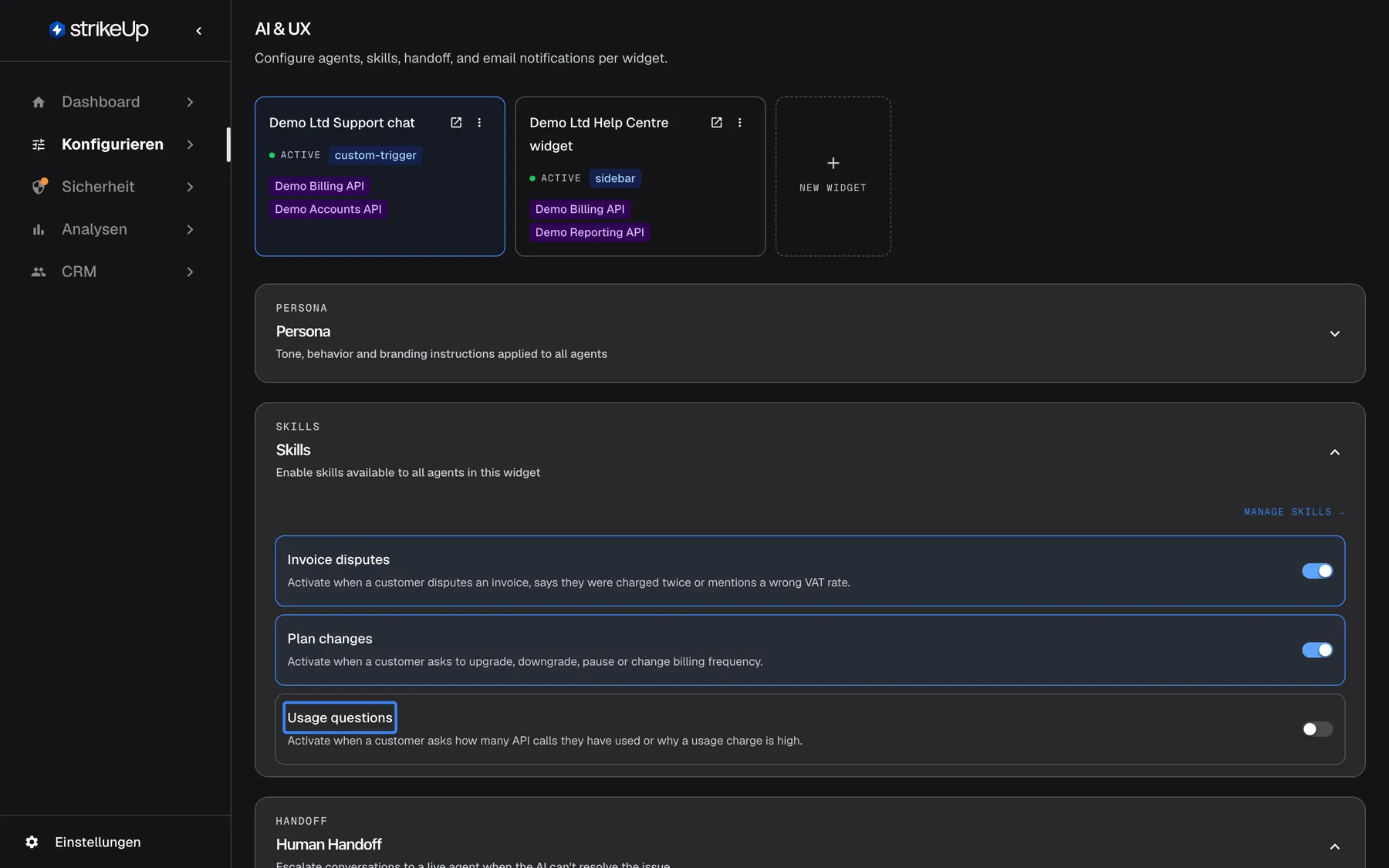 Die Seite KI & UX für das Widget „Demo Ltd Support chat“, auf der Skills je Widget eingeschaltet werden. Der Abschnitt „Skills“ (auf Englisch: „Enable skills available to all agents in this widget“) listet jeden Skill mit einem Schalter: „Invoice disputes“ und „Plan changes“ sind an, der hervorgehobene Skill „Usage questions“ ist aus, daher nutzt der Assistent dieses Widgets ihn nie (er ist stattdessen für das Help-Centre-Widget eingeschaltet). Der Link „Manage Skills“ führt zur Seite Skills zurück. Ein Schalter speichert sofort.