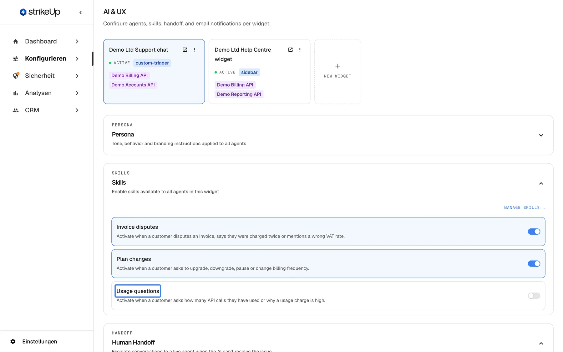 Die Seite KI & UX für das Widget „Demo Ltd Support chat“, auf der Skills je Widget eingeschaltet werden. Der Abschnitt „Skills“ (auf Englisch: „Enable skills available to all agents in this widget“) listet jeden Skill mit einem Schalter: „Invoice disputes“ und „Plan changes“ sind an, der hervorgehobene Skill „Usage questions“ ist aus, daher nutzt der Assistent dieses Widgets ihn nie (er ist stattdessen für das Help-Centre-Widget eingeschaltet). Der Link „Manage Skills“ führt zur Seite Skills zurück. Ein Schalter speichert sofort.