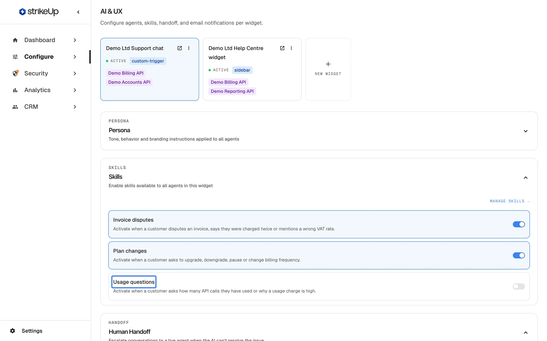 The AI & UX page for the widget "Demo Ltd Support chat", where skills are switched on per widget. The "Skills" section ("Enable skills available to all agents in this widget") lists every skill with a switch: "Invoice disputes" and "Plan changes" are on, while the highlighted "Usage questions" is off, so this widget's assistant never uses it (it is switched on for the Help Centre widget instead). A "Manage Skills" link leads back to the Skills page. A switch saves as soon as you change it.