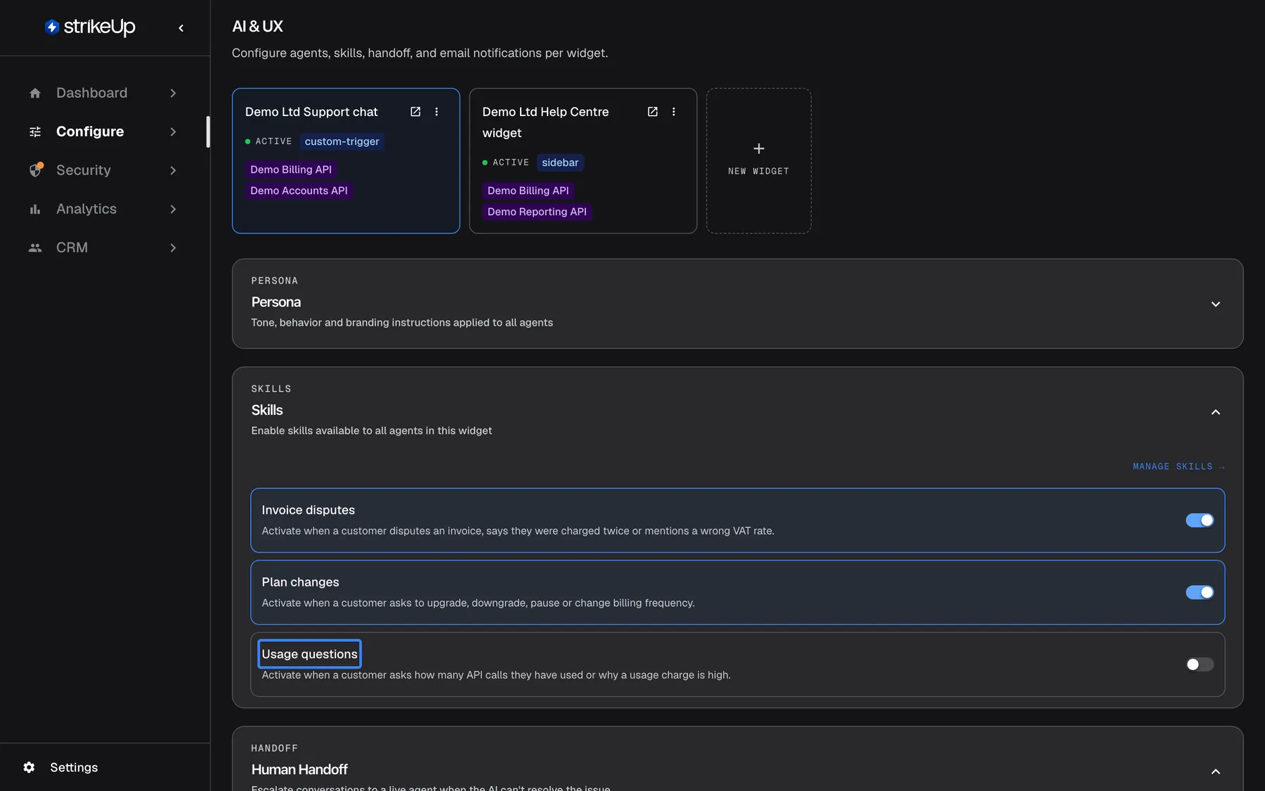 The AI & UX page for the widget "Demo Ltd Support chat", where skills are switched on per widget. The "Skills" section ("Enable skills available to all agents in this widget") lists every skill with a switch: "Invoice disputes" and "Plan changes" are on, while the highlighted "Usage questions" is off, so this widget's assistant never uses it (it is switched on for the Help Centre widget instead). A "Manage Skills" link leads back to the Skills page. A switch saves as soon as you change it.
