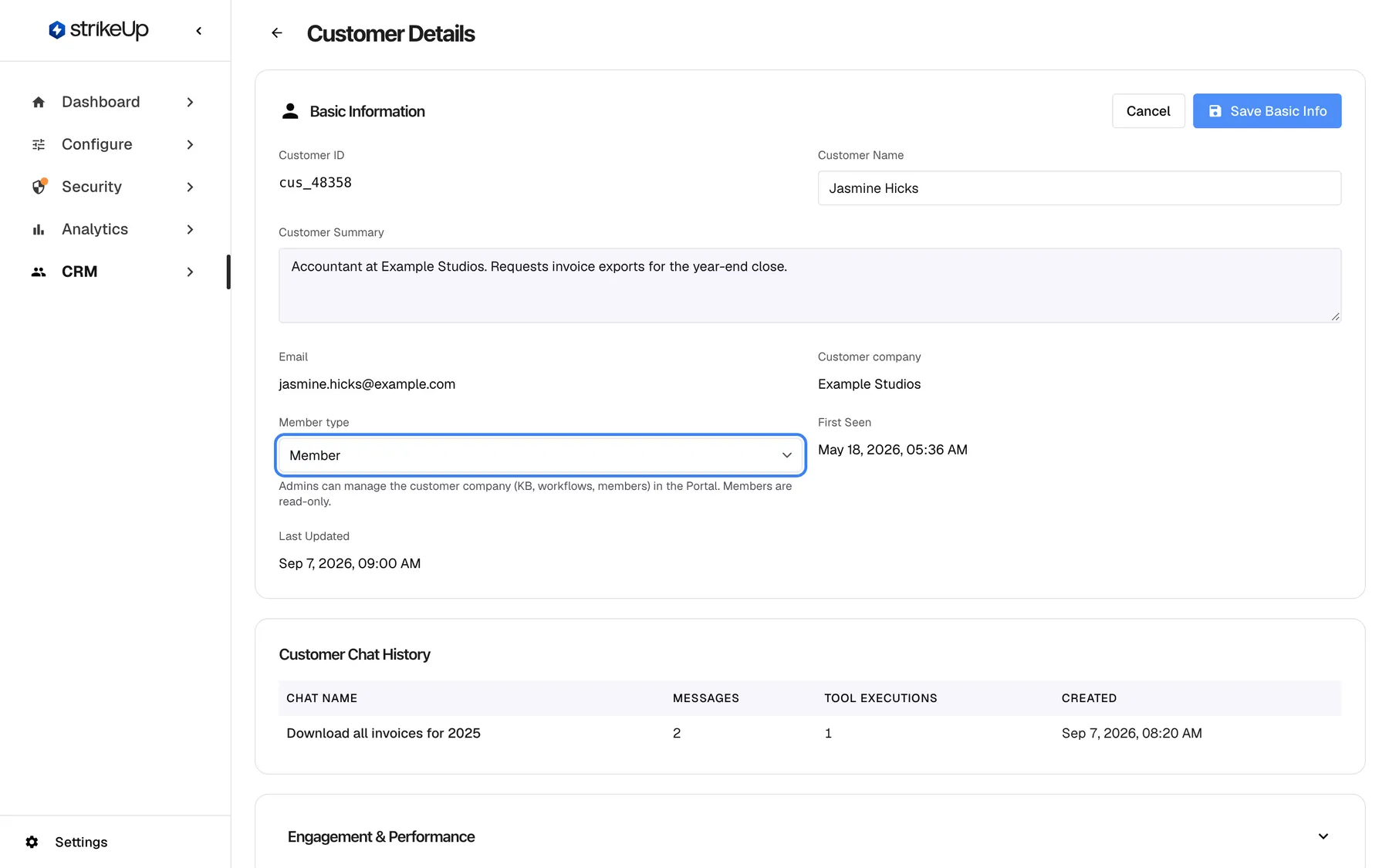 The Customer Details page of Jasmine Hicks (cus_48358, jasmine.hicks@example.com, company Example Studios) with the Basic Information card in edit mode. The highlighted "Member type" selector shows "Member"; its help text says Admins can manage the customer company (KB, workflows, members) in the Portal and Members are read-only. "Cancel" and "Save Basic Info" sit at the top right of the card.