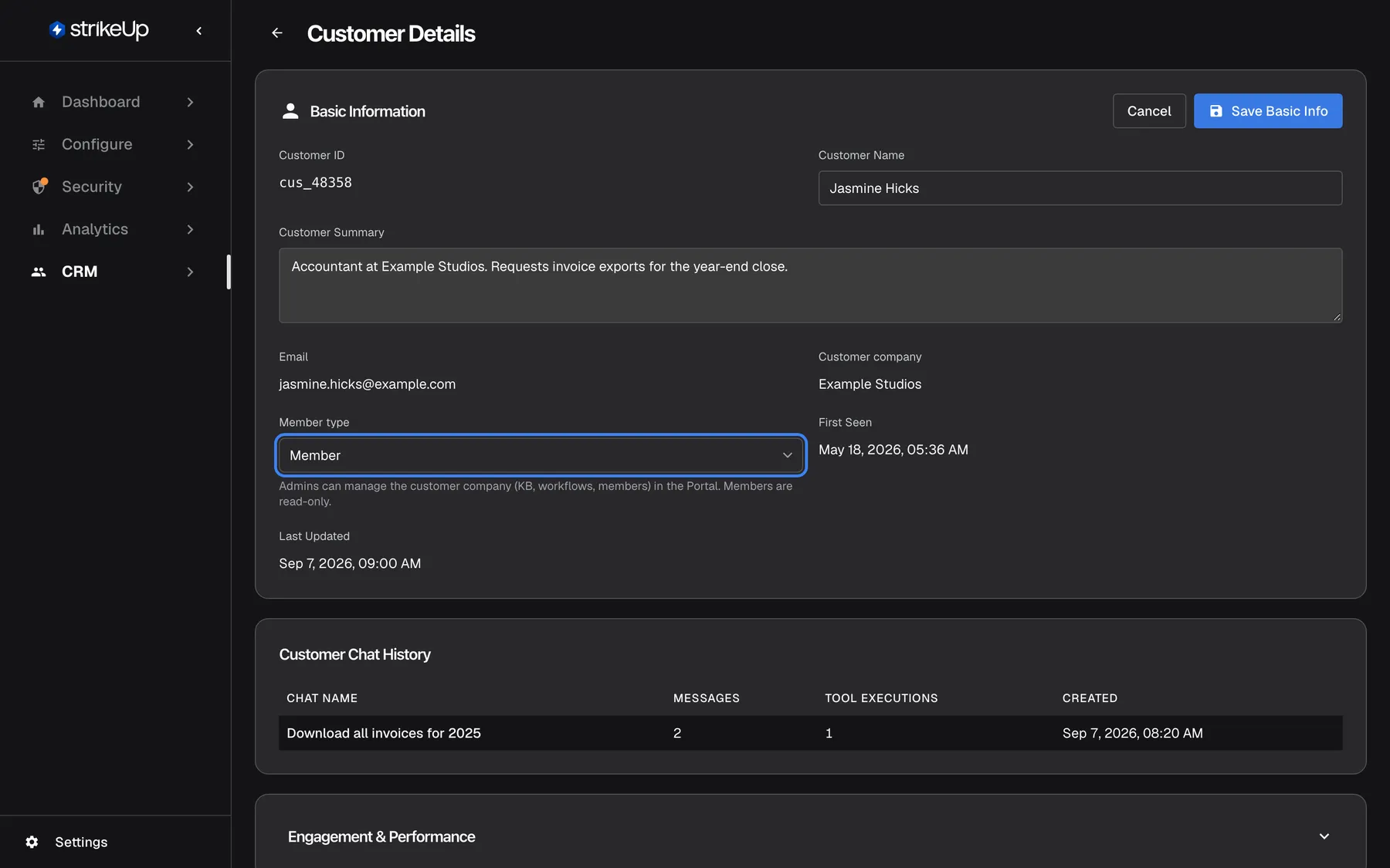 The Customer Details page of Jasmine Hicks (cus_48358, jasmine.hicks@example.com, company Example Studios) with the Basic Information card in edit mode. The highlighted "Member type" selector shows "Member"; its help text says Admins can manage the customer company (KB, workflows, members) in the Portal and Members are read-only. "Cancel" and "Save Basic Info" sit at the top right of the card.