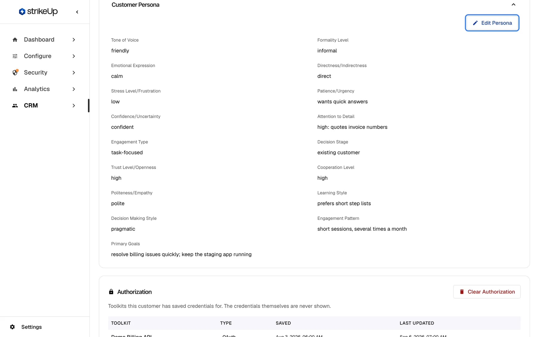 The expanded Customer Persona section for Morgan Hayes, with the "Edit Persona" button highlighted at its top right. It lists seventeen fields in two columns, for example Tone of Voice friendly, Formality Level informal, Directness direct, Patience wants quick answers, Attention to Detail "high: quotes invoice numbers", Decision Stage existing customer, Learning Style prefers short step lists, and Primary Goals "resolve billing issues quickly; keep the staging app running".