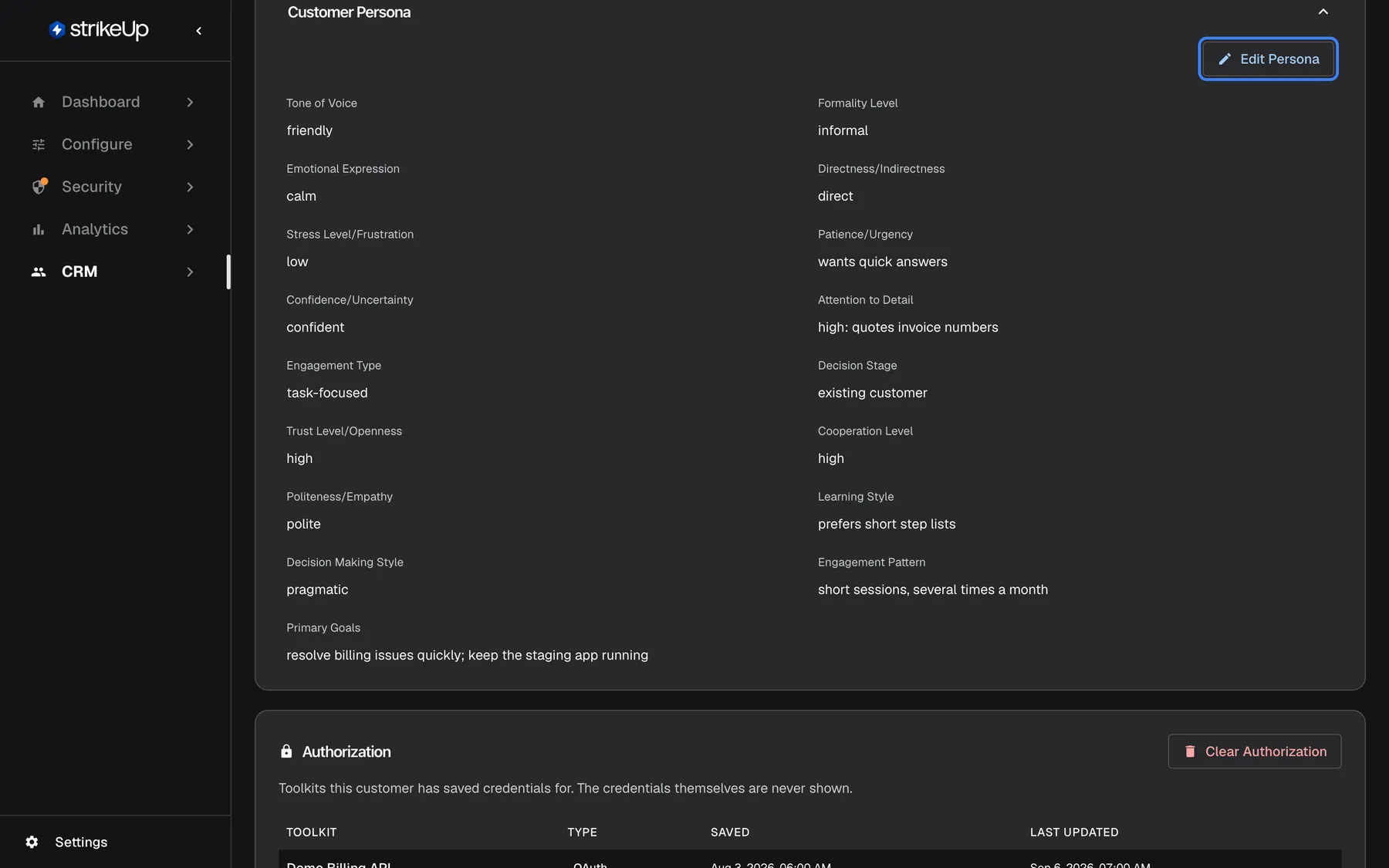 The expanded Customer Persona section for Morgan Hayes, with the "Edit Persona" button highlighted at its top right. It lists seventeen fields in two columns, for example Tone of Voice friendly, Formality Level informal, Directness direct, Patience wants quick answers, Attention to Detail "high: quotes invoice numbers", Decision Stage existing customer, Learning Style prefers short step lists, and Primary Goals "resolve billing issues quickly; keep the staging app running".