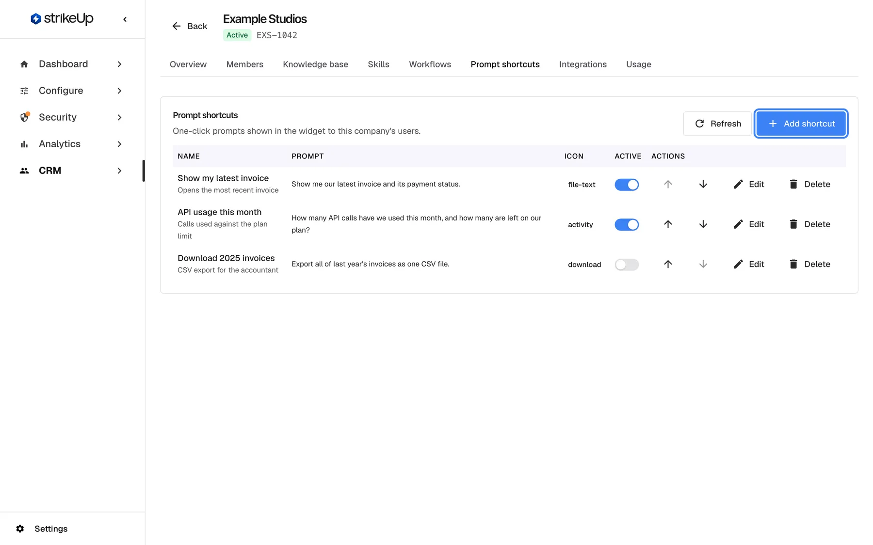 Step 7: the Prompt shortcuts tab of "Example Studios". Three shortcuts are listed: "Show my latest invoice" and "API usage this month", both active, and "Download 2025 invoices", switched off, each with its prompt, icon, order arrows, Edit and Delete. The "Add shortcut" button at the top right is highlighted.