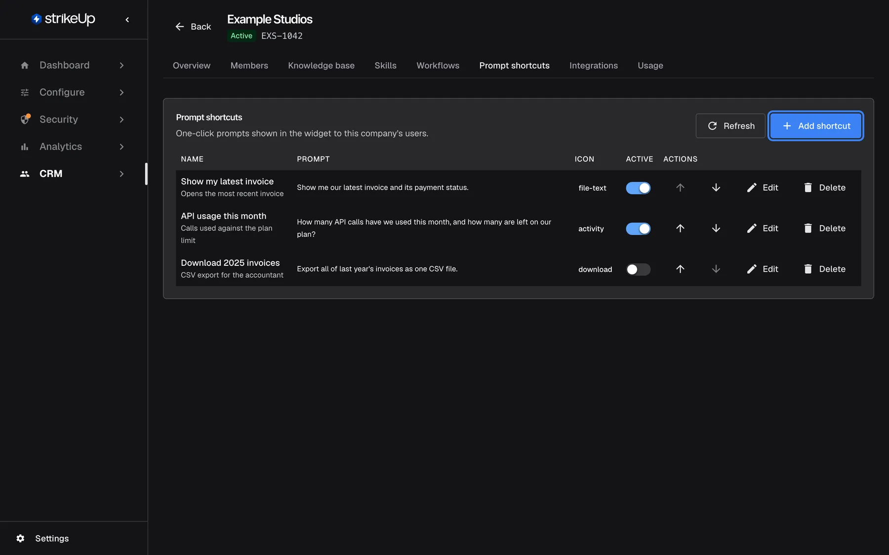 Step 7: the Prompt shortcuts tab of "Example Studios". Three shortcuts are listed: "Show my latest invoice" and "API usage this month", both active, and "Download 2025 invoices", switched off, each with its prompt, icon, order arrows, Edit and Delete. The "Add shortcut" button at the top right is highlighted.