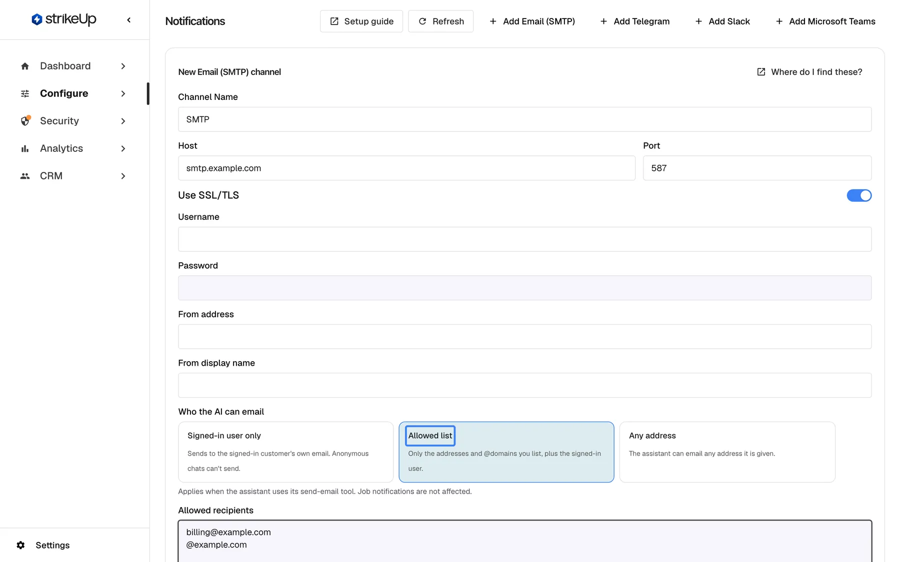 The "New Email (SMTP) channel" form on the Notifications page, scrolled to "Who the AI can email" under the mail server fields. Three option cards follow: "Signed-in user only", "Allowed list" and "Any address". "Allowed list", highlighted, is selected, so the "Allowed recipients" box below it lists billing@example.com and @example.com, one per line. With this choice the assistant may email those addresses, anyone at example.com and the signed-in customer; job notifications are not affected.