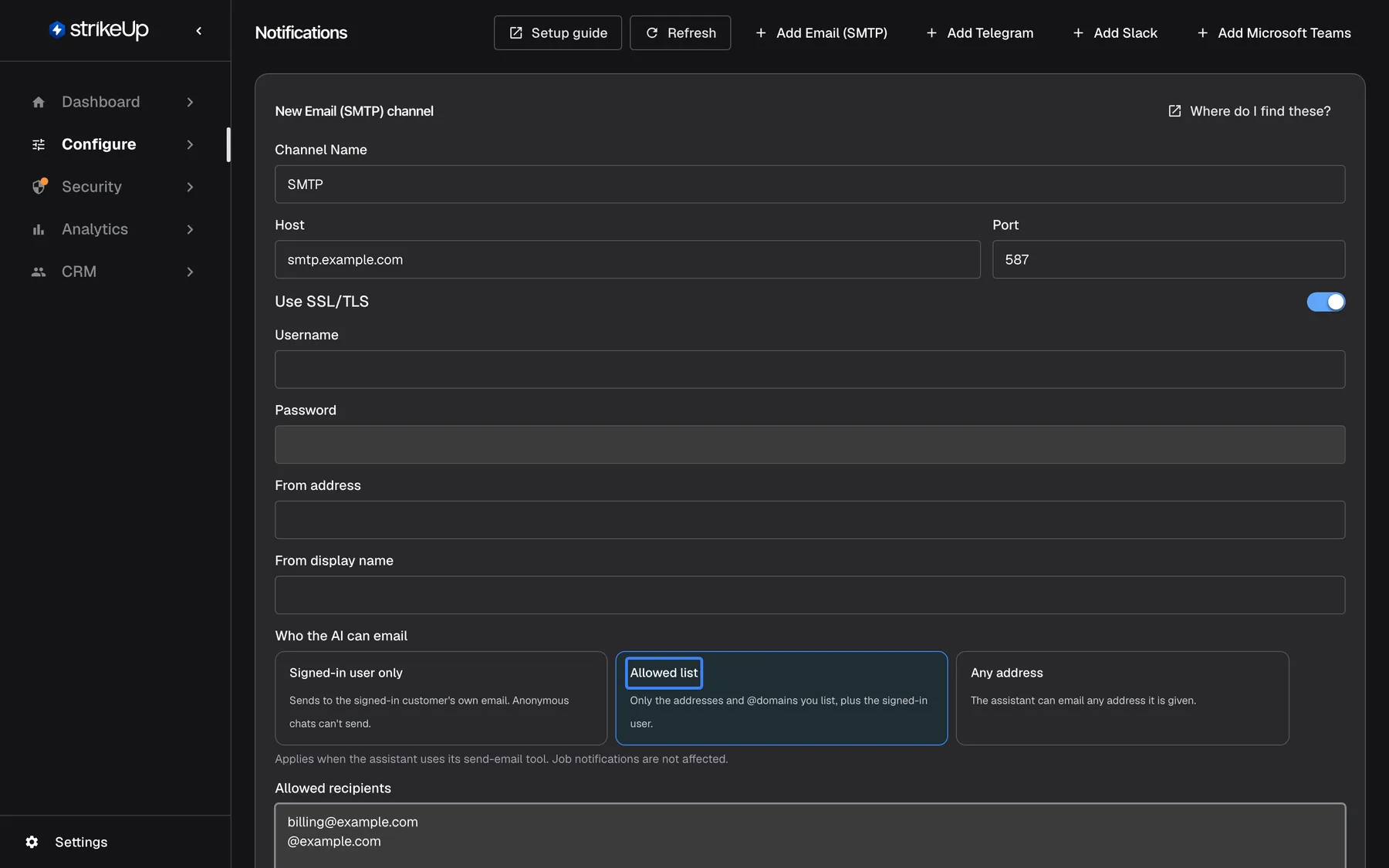 The "New Email (SMTP) channel" form on the Notifications page, scrolled to "Who the AI can email" under the mail server fields. Three option cards follow: "Signed-in user only", "Allowed list" and "Any address". "Allowed list", highlighted, is selected, so the "Allowed recipients" box below it lists billing@example.com and @example.com, one per line. With this choice the assistant may email those addresses, anyone at example.com and the signed-in customer; job notifications are not affected.