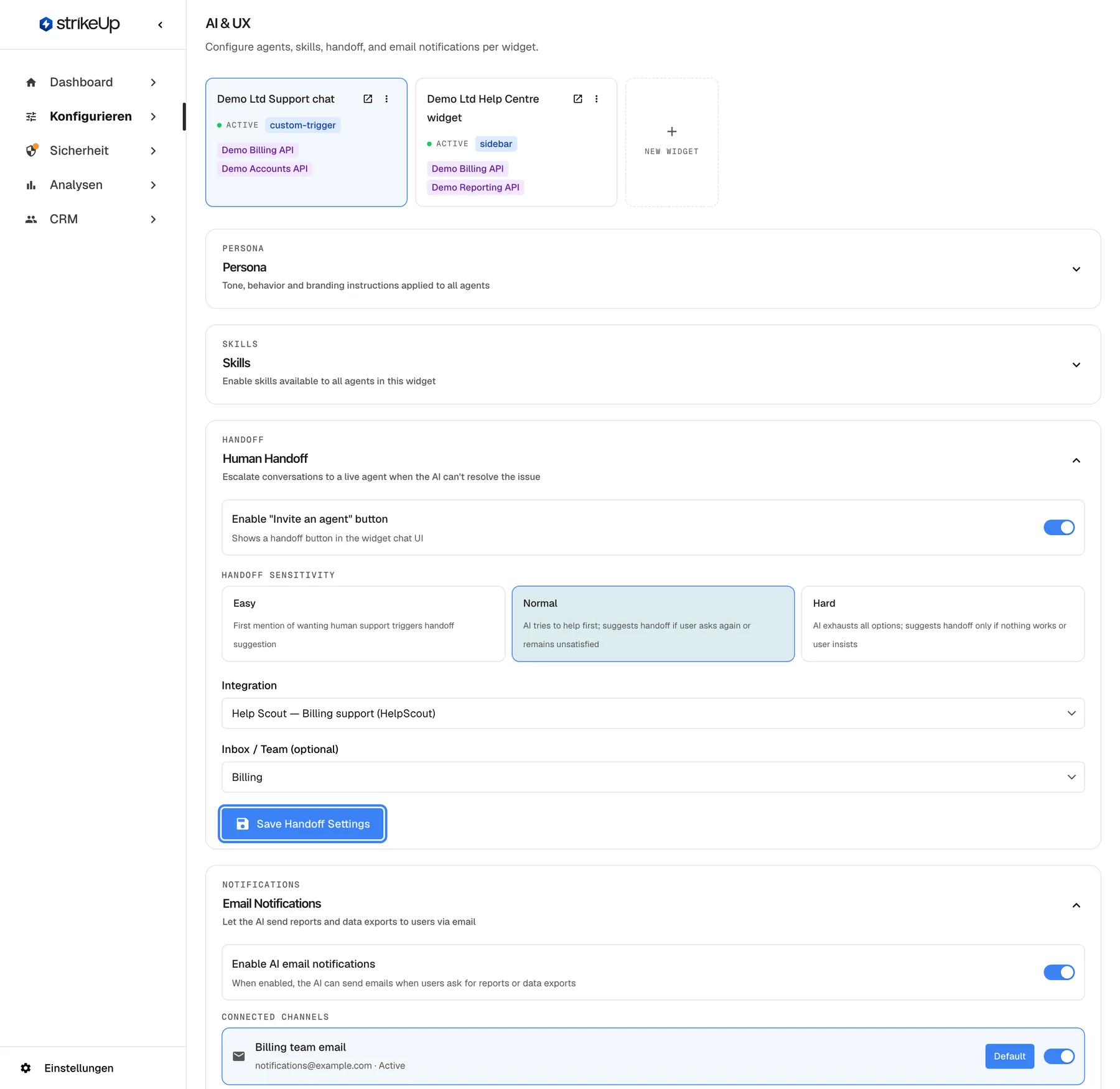 Der Abschnitt „Human Handoff“ auf der Seite KI & UX (auf Englisch) mit allen Einstellungen: Invite-an-agent- Schaltfläche an, Empfindlichkeit Normal, Integration „Help Scout — Billing support (HelpScout)“, Inbox / Team „Billing“. Die blaue Schaltfläche „Save Handoff Settings“ unten im Abschnitt ist hervorgehoben. Sie speichert nur die Übergabe-Einstellungen, getrennt von Persona, Skills und E-Mail-Benachrichtigungen auf derselben Seite.