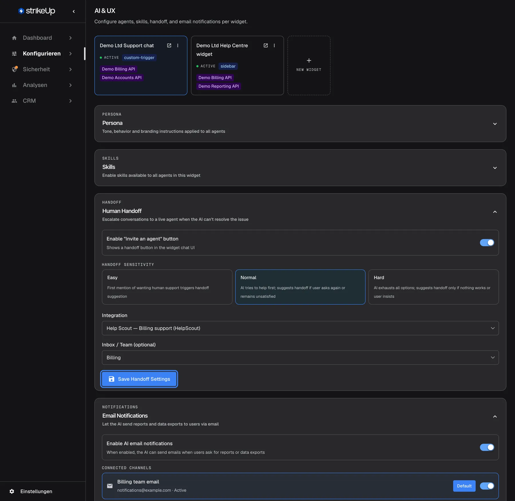 Der Abschnitt „Human Handoff“ auf der Seite KI & UX (auf Englisch) mit allen Einstellungen: Invite-an-agent- Schaltfläche an, Empfindlichkeit Normal, Integration „Help Scout — Billing support (HelpScout)“, Inbox / Team „Billing“. Die blaue Schaltfläche „Save Handoff Settings“ unten im Abschnitt ist hervorgehoben. Sie speichert nur die Übergabe-Einstellungen, getrennt von Persona, Skills und E-Mail-Benachrichtigungen auf derselben Seite.