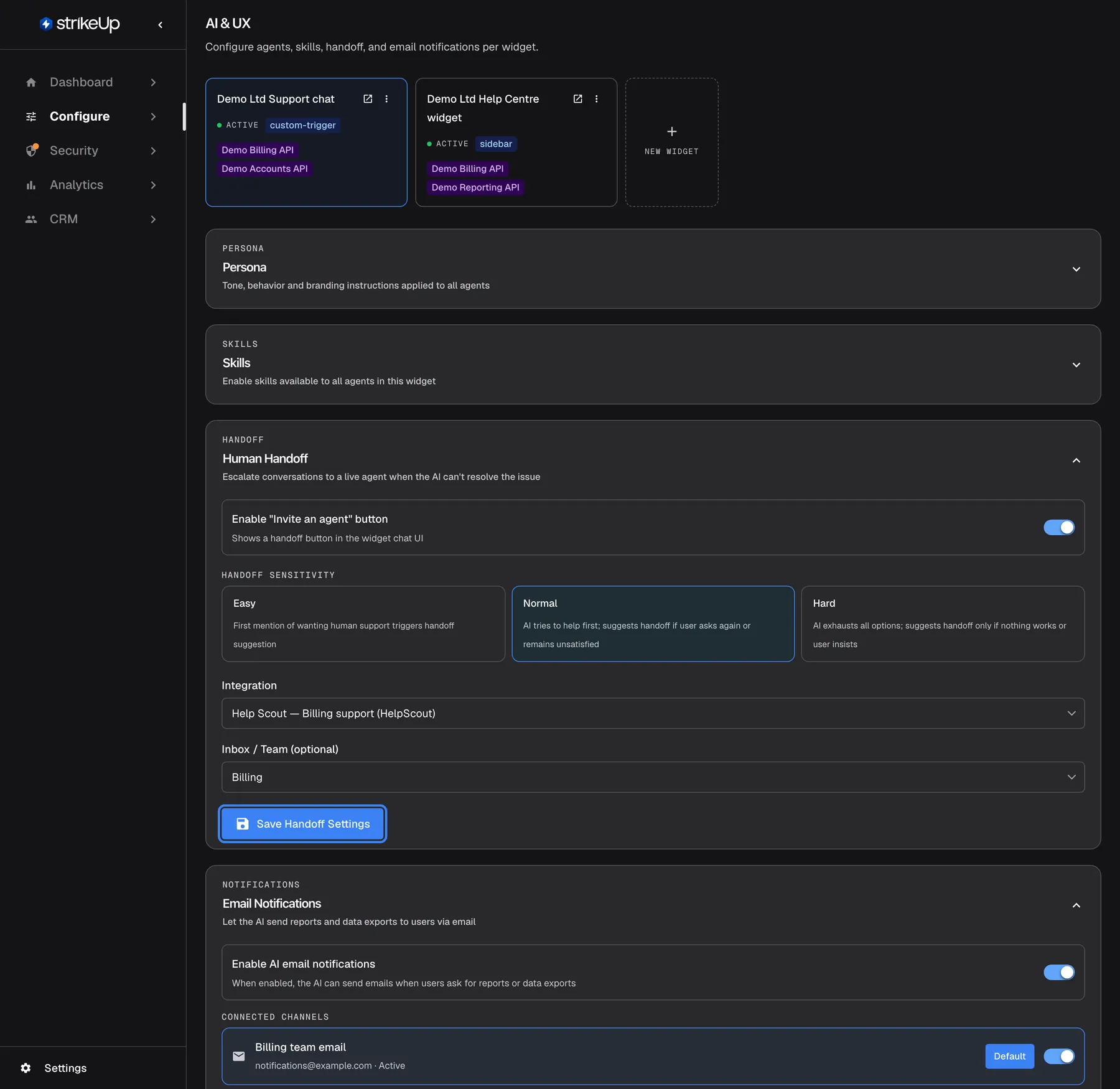 The Human Handoff section on the AI & UX page with all settings made: Invite an agent button on, sensitivity Normal, Integration "Help Scout — Billing support (HelpScout)", Inbox / Team "Billing". The blue "Save Handoff Settings" button at the bottom of the section is highlighted. It saves only the handoff settings, separately from the persona, skills and email notification sections on the same page.