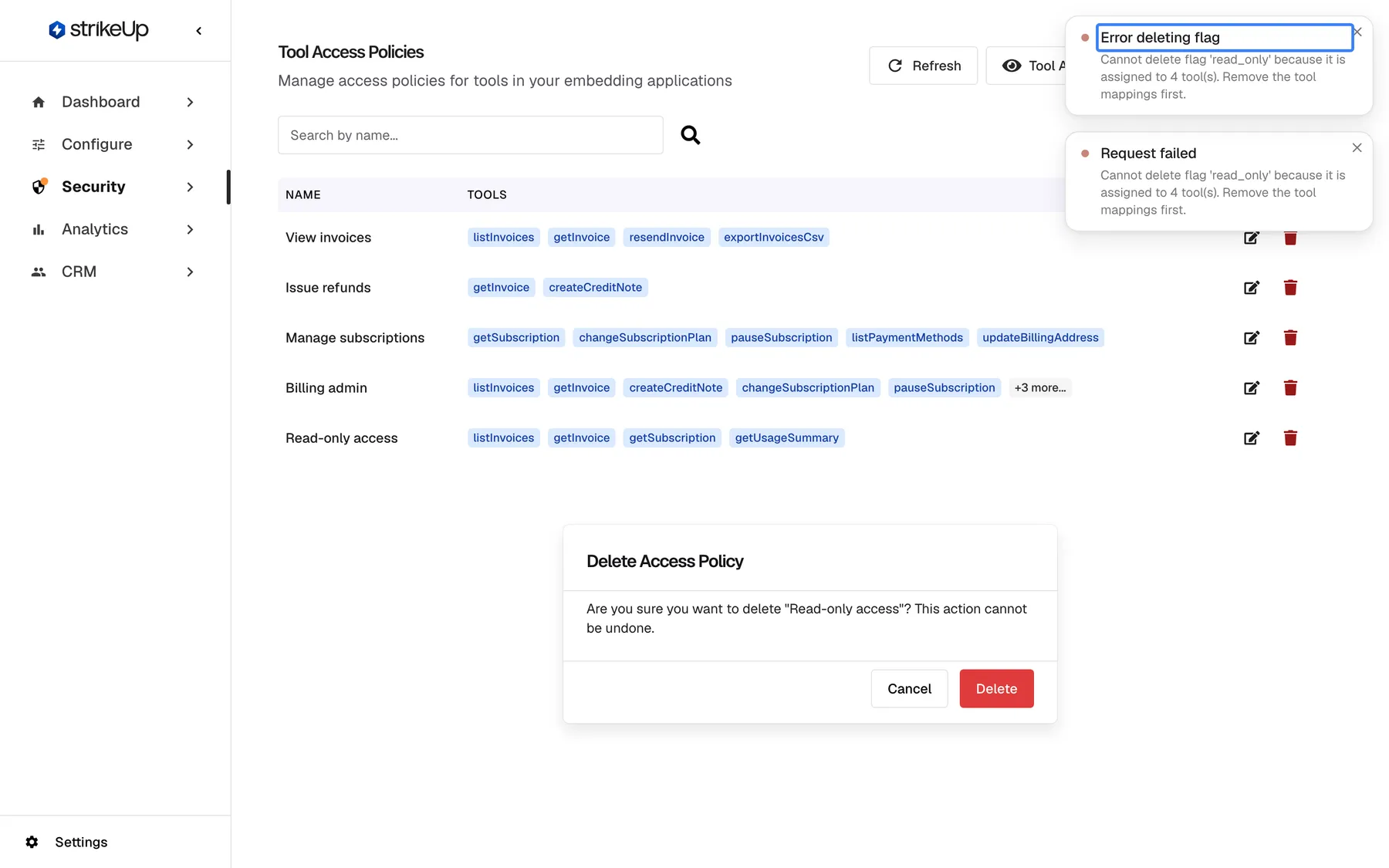The Tool Access Policies page after trying to delete "Read-only access". The delete confirmation is still open in the middle, and at the top right two error notices appear: the highlighted "Error deleting flag" and "Request failed", both with the text "Cannot delete flag 'read_only' because it is assigned to 4 tool(s). Remove the tool mappings first." The policy stays in the list until its tools are unticked in Edit and saved.