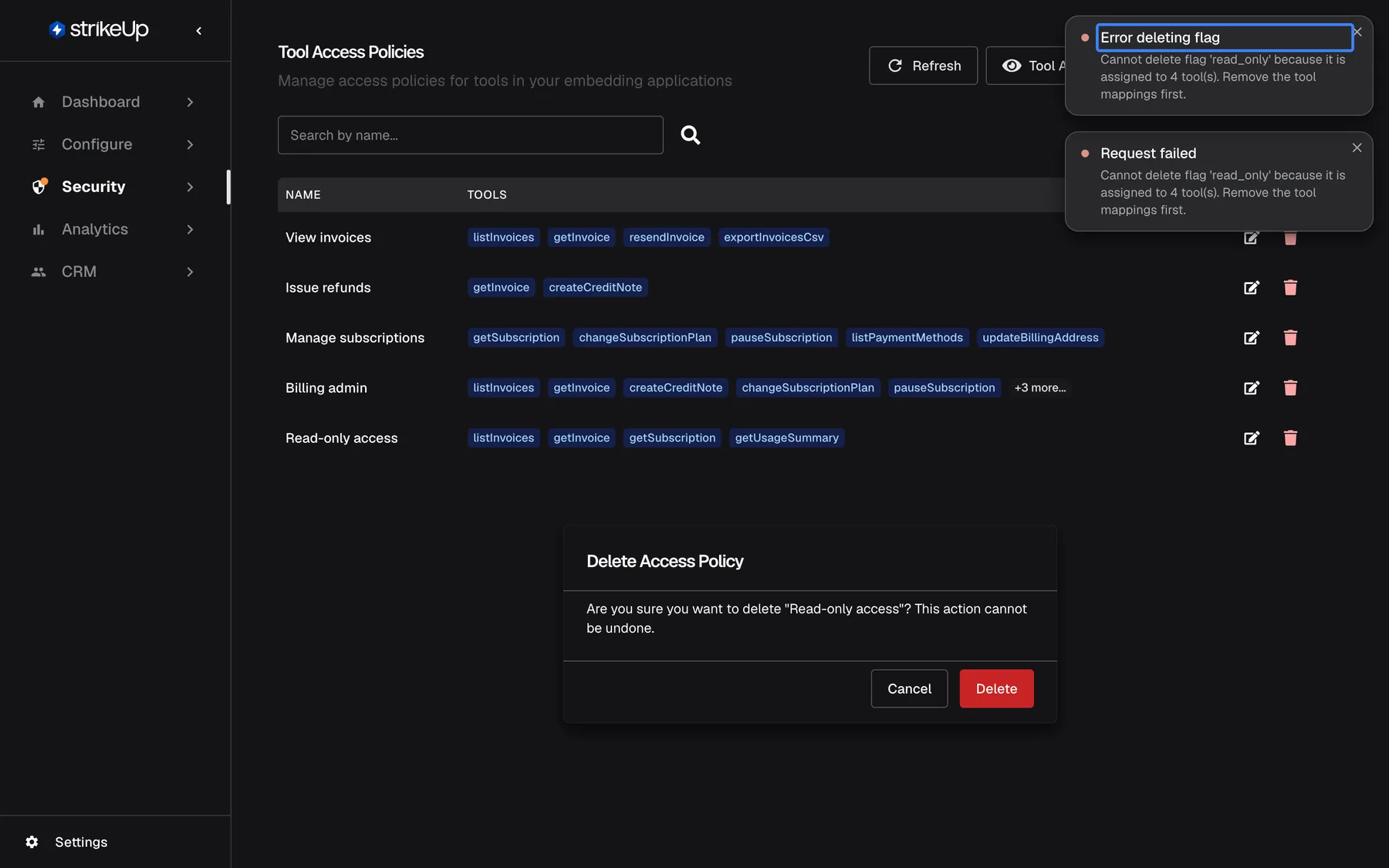 The Tool Access Policies page after trying to delete "Read-only access". The delete confirmation is still open in the middle, and at the top right two error notices appear: the highlighted "Error deleting flag" and "Request failed", both with the text "Cannot delete flag 'read_only' because it is assigned to 4 tool(s). Remove the tool mappings first." The policy stays in the list until its tools are unticked in Edit and saved.
