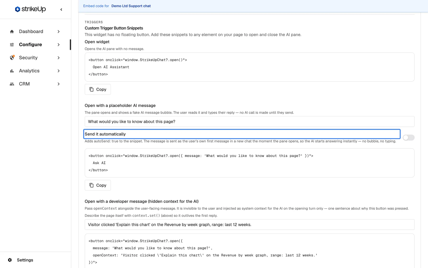 The "Custom Trigger Button Snippets" part of the Embed page, shown because the widget uses a Custom Trigger type. "Open widget" offers a button snippet calling window.StrikeUpChat?.open() with a Copy button. "Open with a placeholder AI message" has a text field holding "What would you like to know about this page?", then the highlighted switch "Send it automatically" (off), which adds autoSend: true, and the matching button snippet. Below starts "Open with a developer message (hidden context for the AI)".