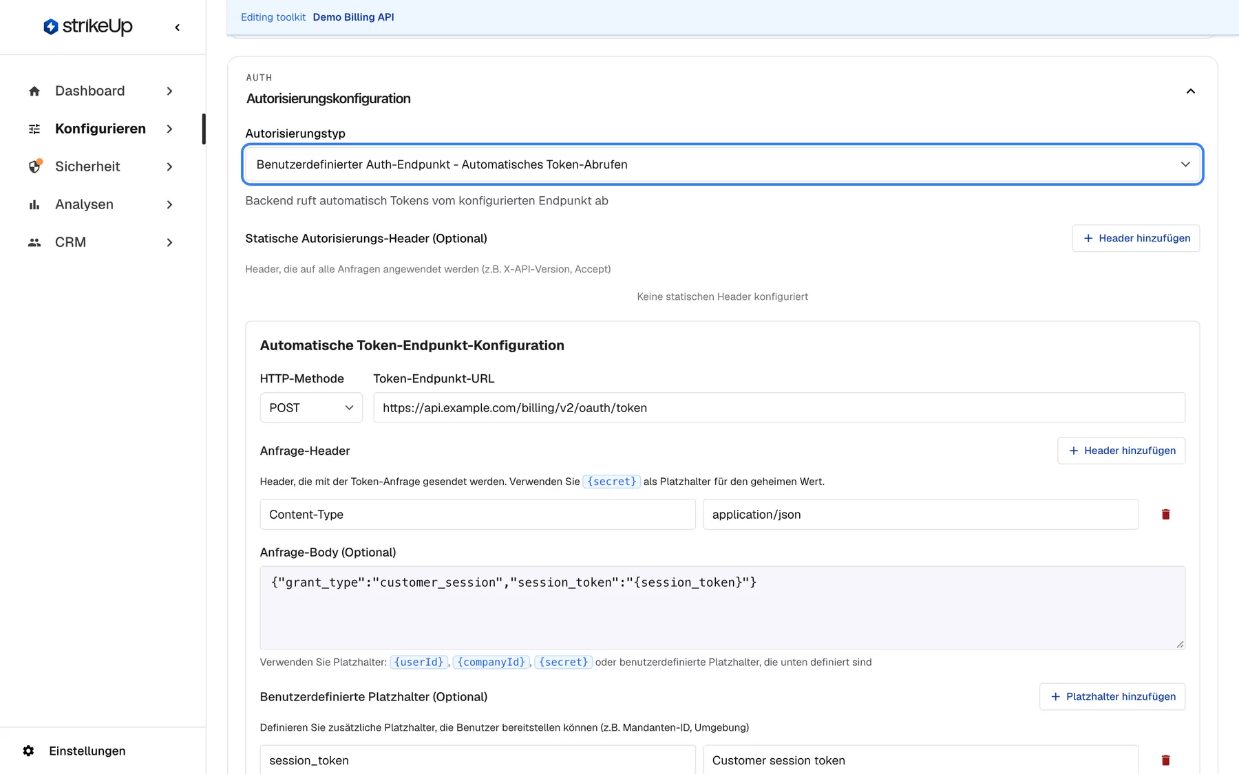 Der aufgeklappte Abschnitt "Autorisierungskonfiguration" des Toolkits Demo Billing API. Das hervorgehobene Auswahlfeld "Autorisierungstyp" zeigt "Benutzerdefinierter Auth-Endpunkt - Automatisches Token-Abrufen". Darunter folgen die statischen Autorisierungs-Header ohne Einträge und darunter "Automatische Token-Endpunkt-Konfiguration": HTTP-Methode "POST", Token-Endpunkt-URL "https://api.example.com/billing/v2/oauth/token", der Anfrage-Header Content-Type: application/json, der Anfrage-Body und der benutzerdefinierte Platzhalter "session_token". Oben steht die englische Leiste "Editing toolkit". Der Typ bestimmt, was Endnutzer eingeben müssen, bevor Tools Ihre API aufrufen können.
