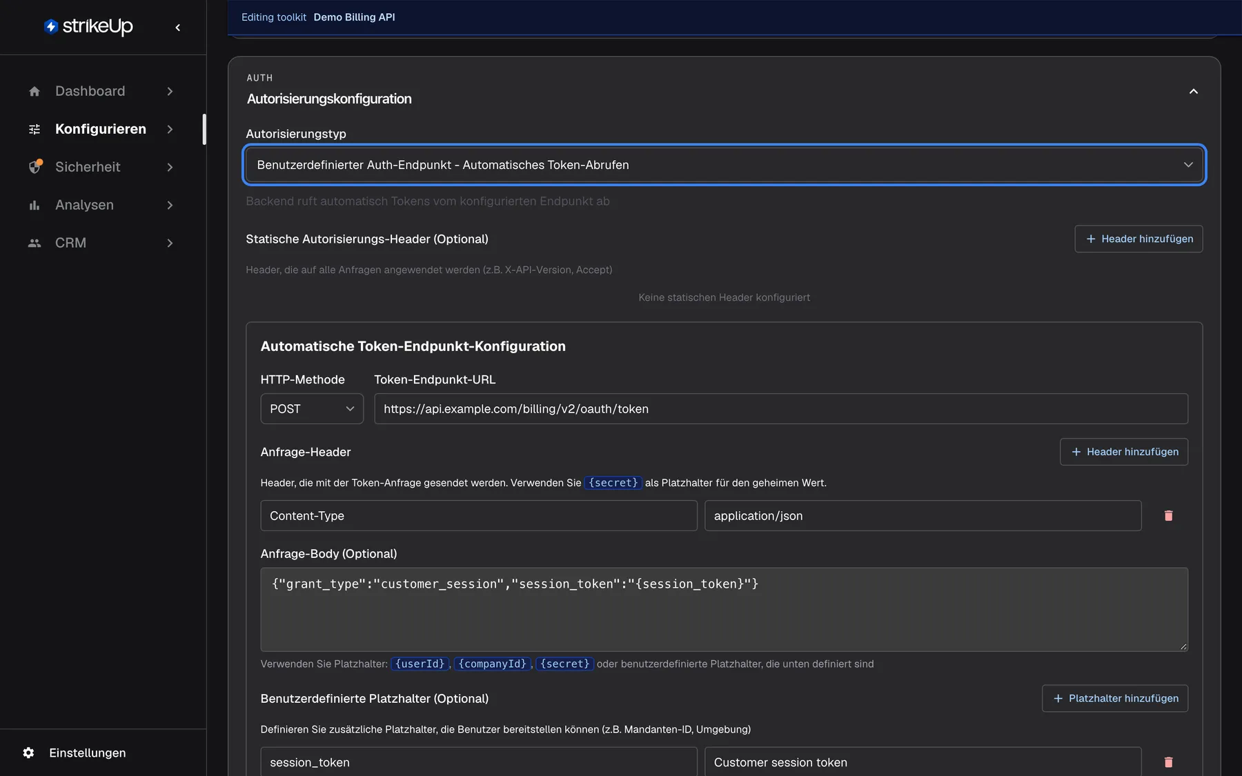 Der aufgeklappte Abschnitt "Autorisierungskonfiguration" des Toolkits Demo Billing API. Das hervorgehobene Auswahlfeld "Autorisierungstyp" zeigt "Benutzerdefinierter Auth-Endpunkt - Automatisches Token-Abrufen". Darunter folgen die statischen Autorisierungs-Header ohne Einträge und darunter "Automatische Token-Endpunkt-Konfiguration": HTTP-Methode "POST", Token-Endpunkt-URL "https://api.example.com/billing/v2/oauth/token", der Anfrage-Header Content-Type: application/json, der Anfrage-Body und der benutzerdefinierte Platzhalter "session_token". Oben steht die englische Leiste "Editing toolkit". Der Typ bestimmt, was Endnutzer eingeben müssen, bevor Tools Ihre API aufrufen können.