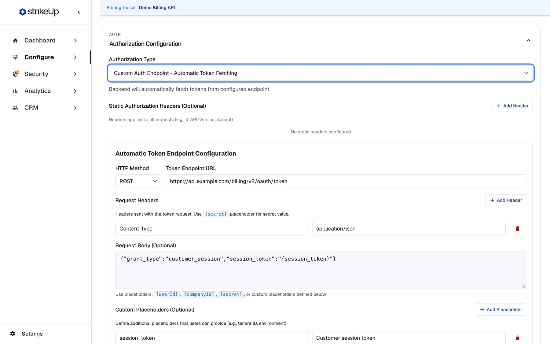The expanded "Authorization Configuration" section of the Demo Billing API toolkit. The highlighted "Authorization Type" select shows "Custom Auth Endpoint - Automatic Token Fetching", with the hint "Backend will automatically fetch tokens from configured endpoint". Below are "Static Authorization Headers (Optional)" with "No static headers configured" and an "Add Header" button, then "Automatic Token Endpoint Configuration": HTTP Method "POST", Token Endpoint URL "https://api.example.com/billing/v2/oauth/token", a request header Content-Type: application/json, the request body and the custom placeholder "session_token". The type decides what end users must enter before tools can call your API.