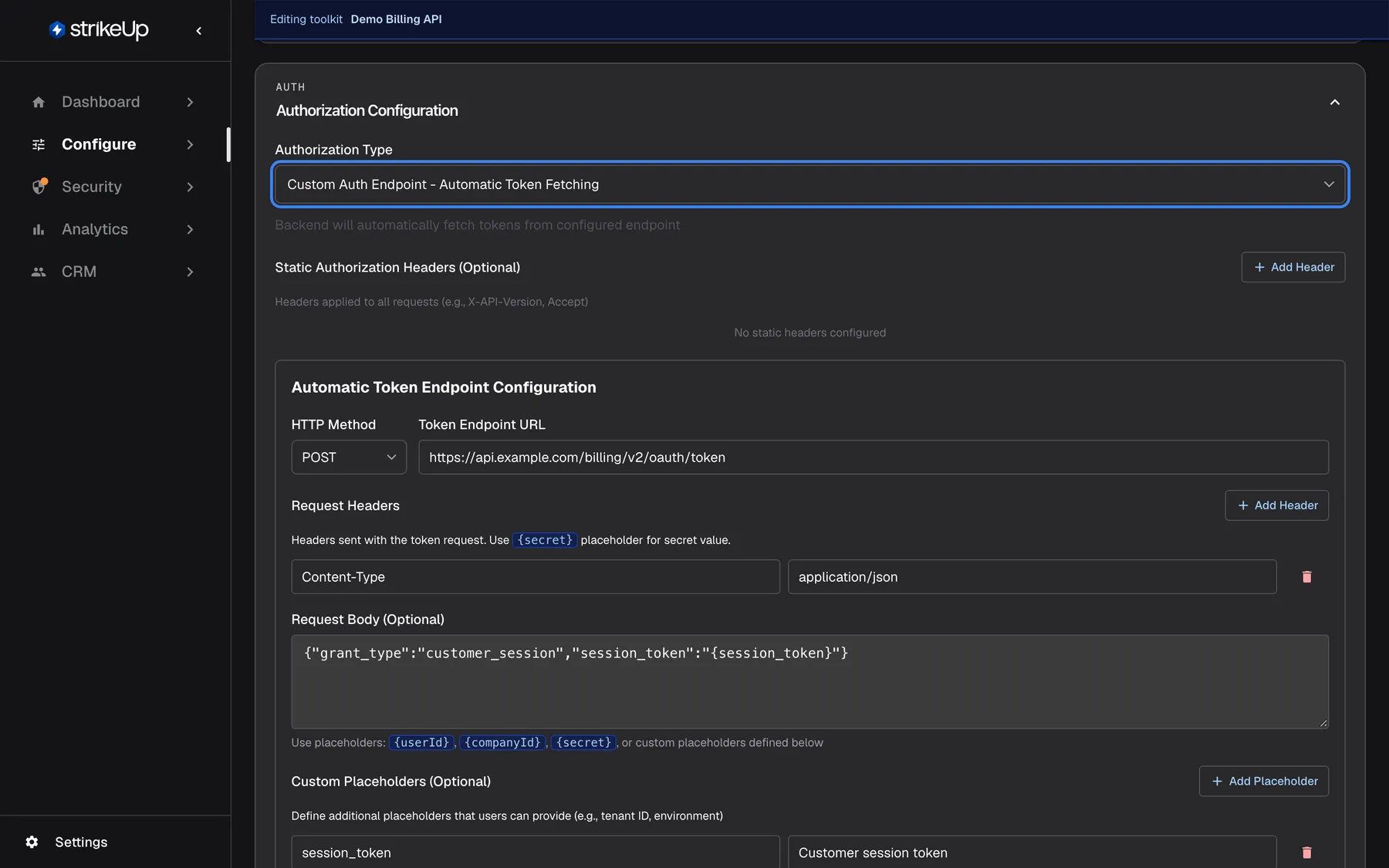 The expanded "Authorization Configuration" section of the Demo Billing API toolkit. The highlighted "Authorization Type" select shows "Custom Auth Endpoint - Automatic Token Fetching", with the hint "Backend will automatically fetch tokens from configured endpoint". Below are "Static Authorization Headers (Optional)" with "No static headers configured" and an "Add Header" button, then "Automatic Token Endpoint Configuration": HTTP Method "POST", Token Endpoint URL "https://api.example.com/billing/v2/oauth/token", a request header Content-Type: application/json, the request body and the custom placeholder "session_token". The type decides what end users must enter before tools can call your API.