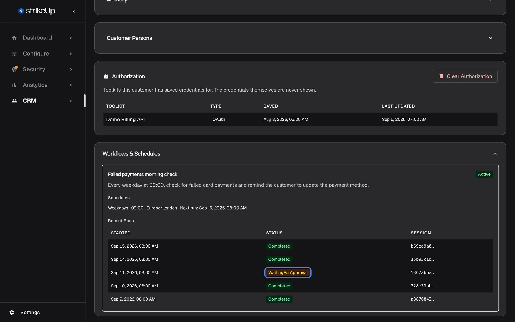 The bottom of Morgan Hayes' details page. The Authorization card, with a "Clear Authorization" button, lists one toolkit with saved credentials: Demo Billing API, type OAuth, saved Aug 3, 2026, last updated Sep 6. The expanded Workflows & Schedules section shows the active workflow "Failed payments morning check" (every weekday at 09:00, check for failed card payments), its schedule "Weekdays · 09:00 · Europe/London" with the next run, and a Recent Runs table with Started, Status and Session. Four runs are Completed and the run of Sep 11, 2026 has the highlighted status "WaitingForApproval".