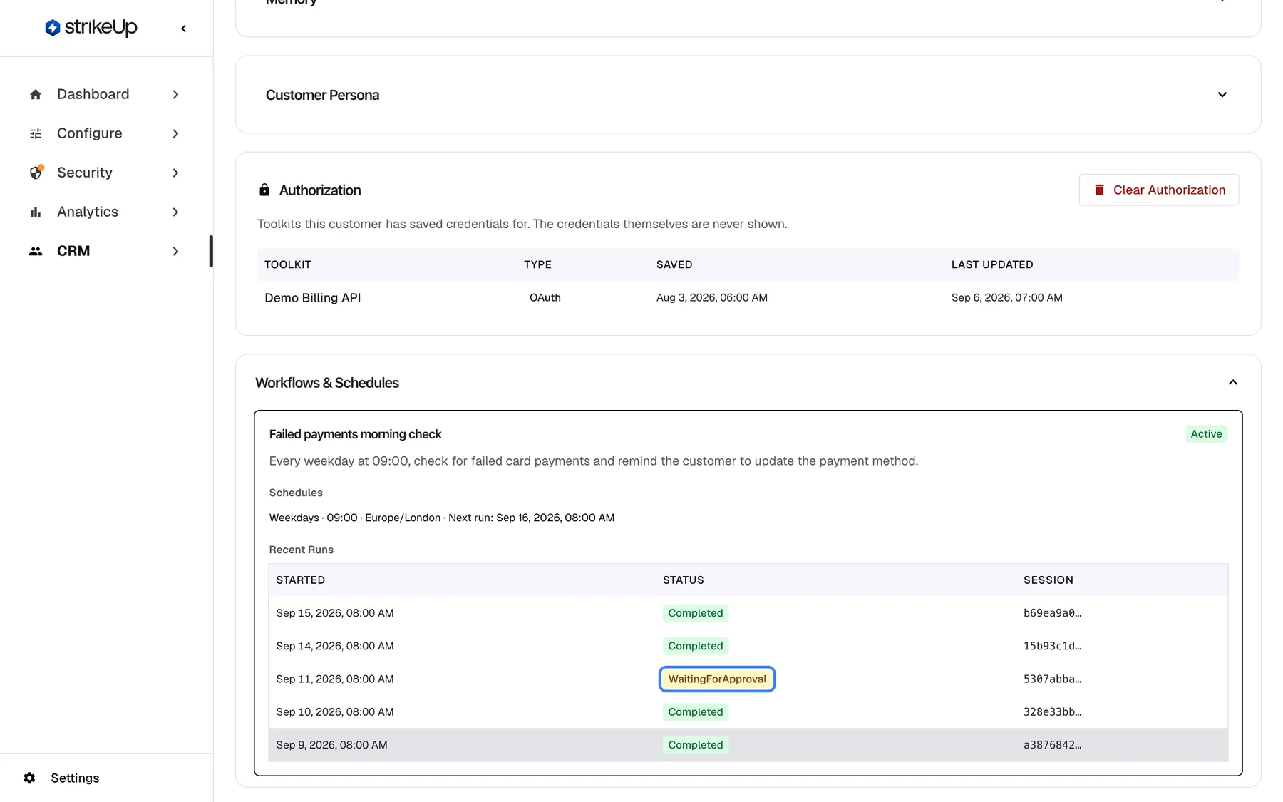 The bottom of Morgan Hayes' details page. The Authorization card, with a "Clear Authorization" button, lists one toolkit with saved credentials: Demo Billing API, type OAuth, saved Aug 3, 2026, last updated Sep 6. The expanded Workflows & Schedules section shows the active workflow "Failed payments morning check" (every weekday at 09:00, check for failed card payments), its schedule "Weekdays · 09:00 · Europe/London" with the next run, and a Recent Runs table with Started, Status and Session. Four runs are Completed and the run of Sep 11, 2026 has the highlighted status "WaitingForApproval".