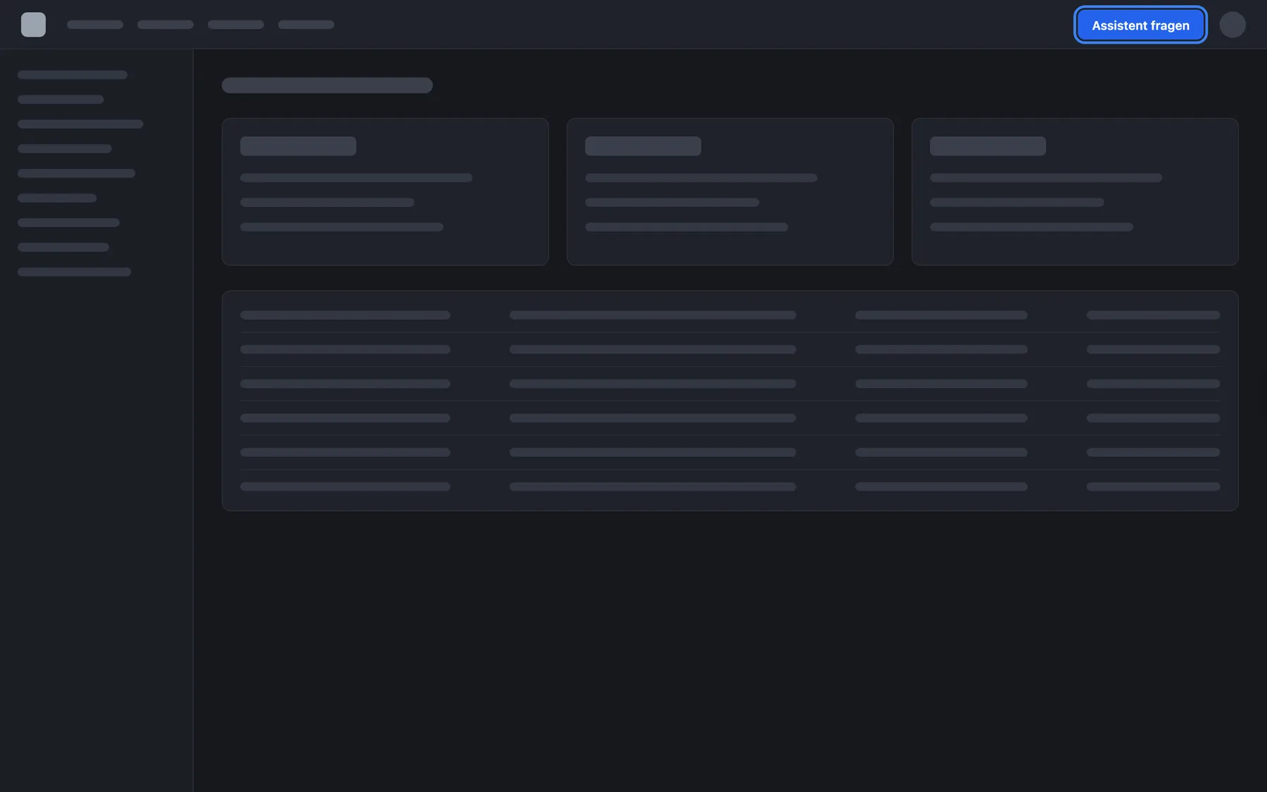 Eine neutrale Beispiel-Web-App mit einem Anzeigetyp Eigener Auslöser. Eine StrikeUp-Startschaltfläche gibt es auf der Seite nicht: Das Widget ist geladen, aber verborgen. In der Kopfzeile der Seite, links neben dem Avatar, gehört die hervorgehobene blaue Schaltfläche "Assistent fragen" zum eigenen Produkt; ihr Klick-Handler ruft window.StrikeUpChat.open() mit einer Nachricht auf und lässt so den Chatbereich vom rechten Rand einfahren.