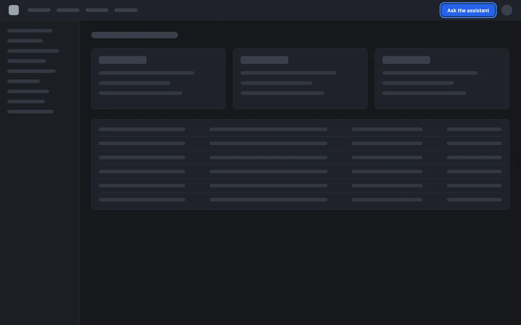 A neutral example web app using a Custom Trigger display type. There is no StrikeUp launcher anywhere on the page: the widget is loaded but hidden. In the page's own header, to the left of the avatar, the highlighted blue button "Ask the assistant" belongs to the host product; its click handler calls window.StrikeUpChat.open() with a message, which slides the chat pane in from the right edge.