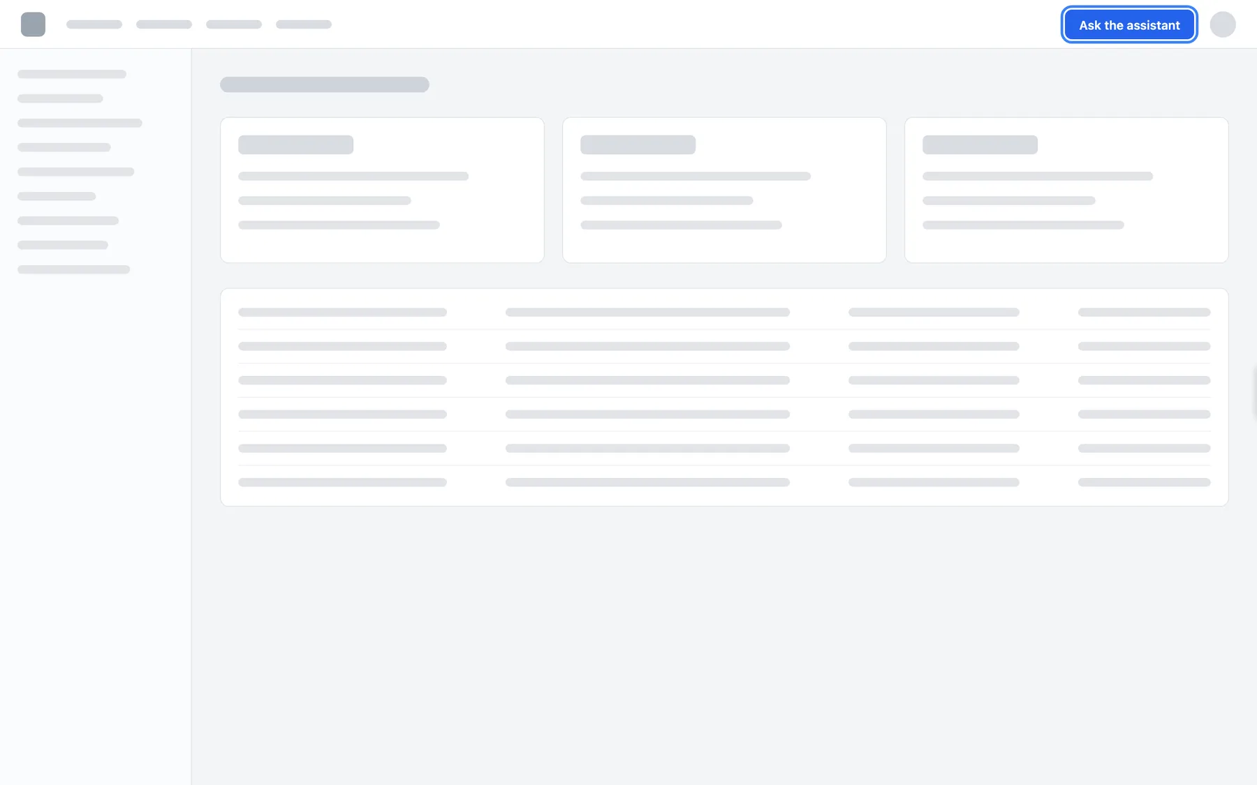 A neutral example web app using a Custom Trigger display type. There is no StrikeUp launcher anywhere on the page: the widget is loaded but hidden. In the page's own header, to the left of the avatar, the highlighted blue button "Ask the assistant" belongs to the host product; its click handler calls window.StrikeUpChat.open() with a message, which slides the chat pane in from the right edge.