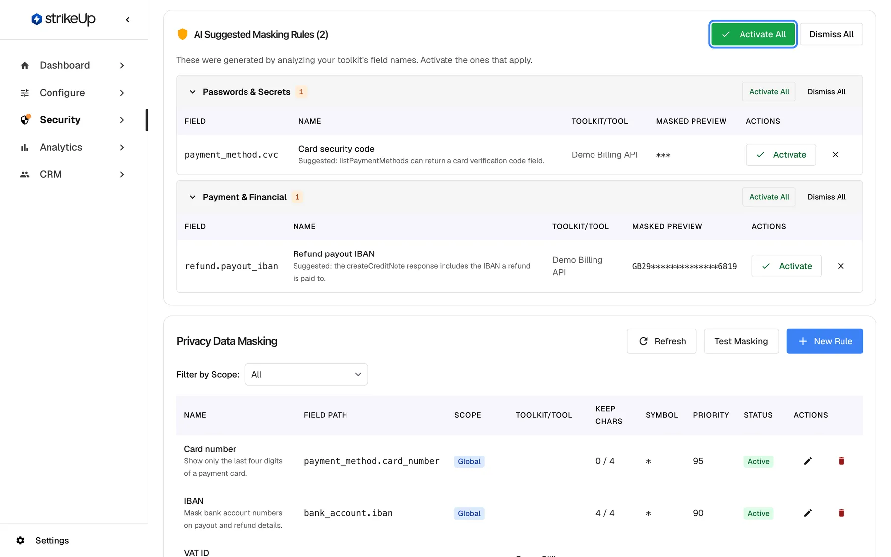 Step 7, the data privacy page under Security. At the top, "AI Suggested Masking Rules (2)" explains that the rules come from your toolkit's field names, with the green "Activate All" button highlighted at the right and "Dismiss All" beside it. Two suggestions follow: "payment_method.cvc" ("Card security code", Demo Billing API, preview "***") under "Passwords & Secrets", and "refund.payout_iban" ("Refund payout IBAN", preview "GB29…6819") under "Payment & Financial". Below, "Privacy Data Masking" lists active rules such as "Card number" and "IBAN".