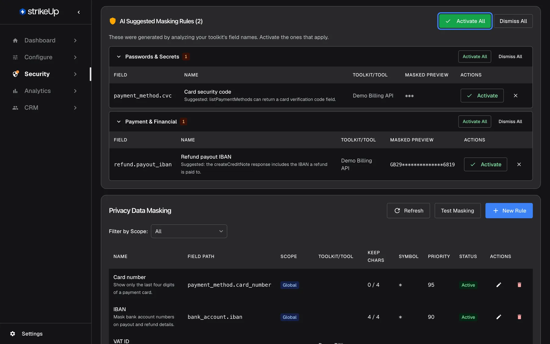 Step 7, the data privacy page under Security. At the top, "AI Suggested Masking Rules (2)" explains that the rules come from your toolkit's field names, with the green "Activate All" button highlighted at the right and "Dismiss All" beside it. Two suggestions follow: "payment_method.cvc" ("Card security code", Demo Billing API, preview "***") under "Passwords & Secrets", and "refund.payout_iban" ("Refund payout IBAN", preview "GB29…6819") under "Payment & Financial". Below, "Privacy Data Masking" lists active rules such as "Card number" and "IBAN".