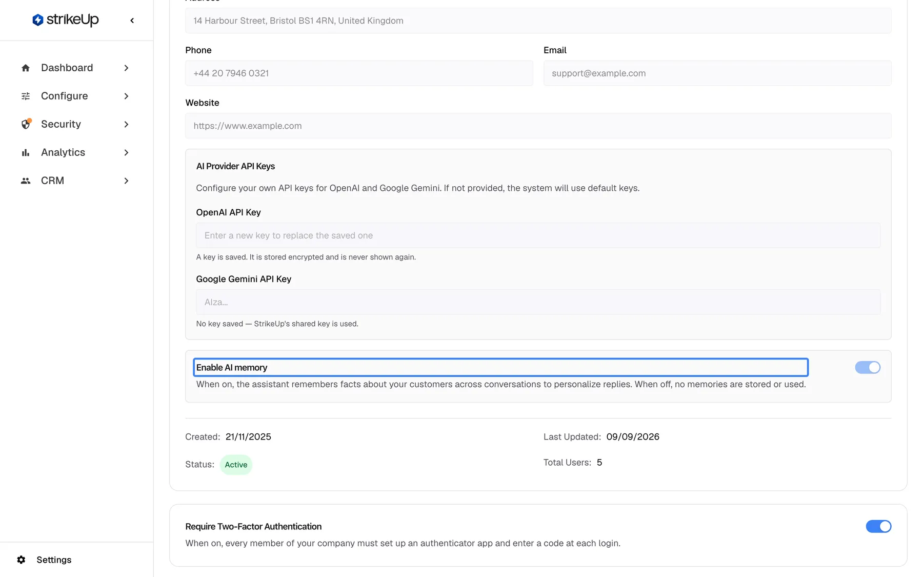 The Company Details page in read-only view, scrolled to the "Enable AI memory" card, whose title is highlighted. Its switch is on but greyed out, because the page is not in edit mode. Above are the AI Provider API Keys; below are Created 21/11/2025, Last Updated 09/09/2026, Status Active and Total Users 5, and the Require Two-Factor Authentication card. Users without the Admin role only ever see this read-only view.