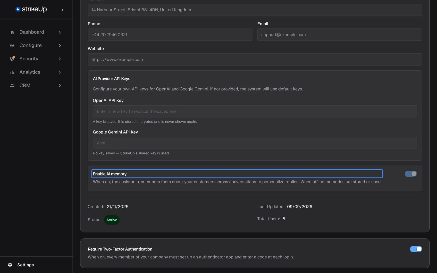 The Company Details page in read-only view, scrolled to the "Enable AI memory" card, whose title is highlighted. Its switch is on but greyed out, because the page is not in edit mode. Above are the AI Provider API Keys; below are Created 21/11/2025, Last Updated 09/09/2026, Status Active and Total Users 5, and the Require Two-Factor Authentication card. Users without the Admin role only ever see this read-only view.
