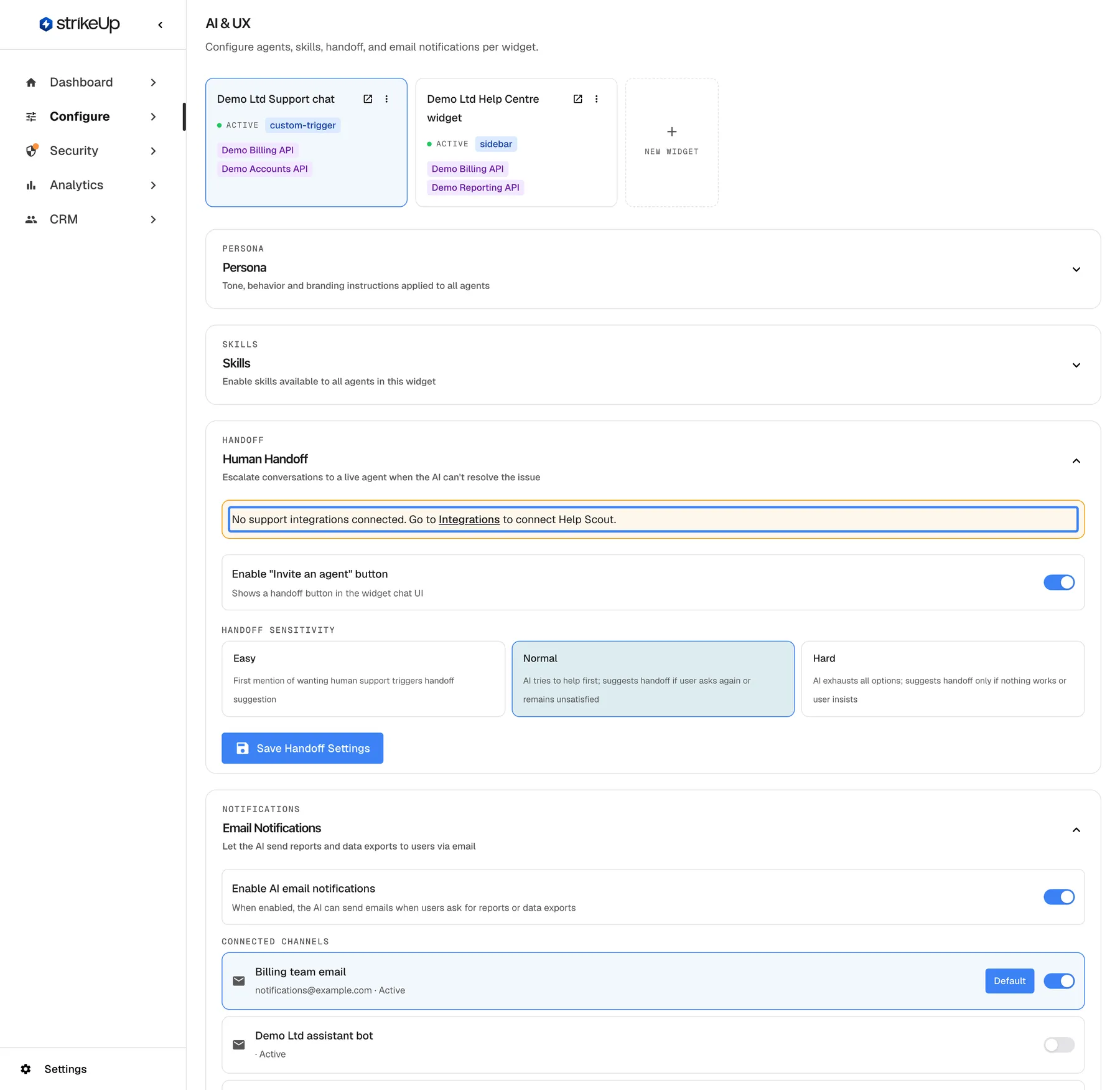The Human Handoff section of the AI & UX page for "Demo Ltd Support chat" when no helpdesk is connected. At the top of the section the highlighted amber warning reads "No support integrations connected. Go to Integrations to connect Help Scout." The Invite an agent switch and the sensitivity cards are still shown, but there is no Integration drop-down, so the widget cannot hand a chat to a person yet.