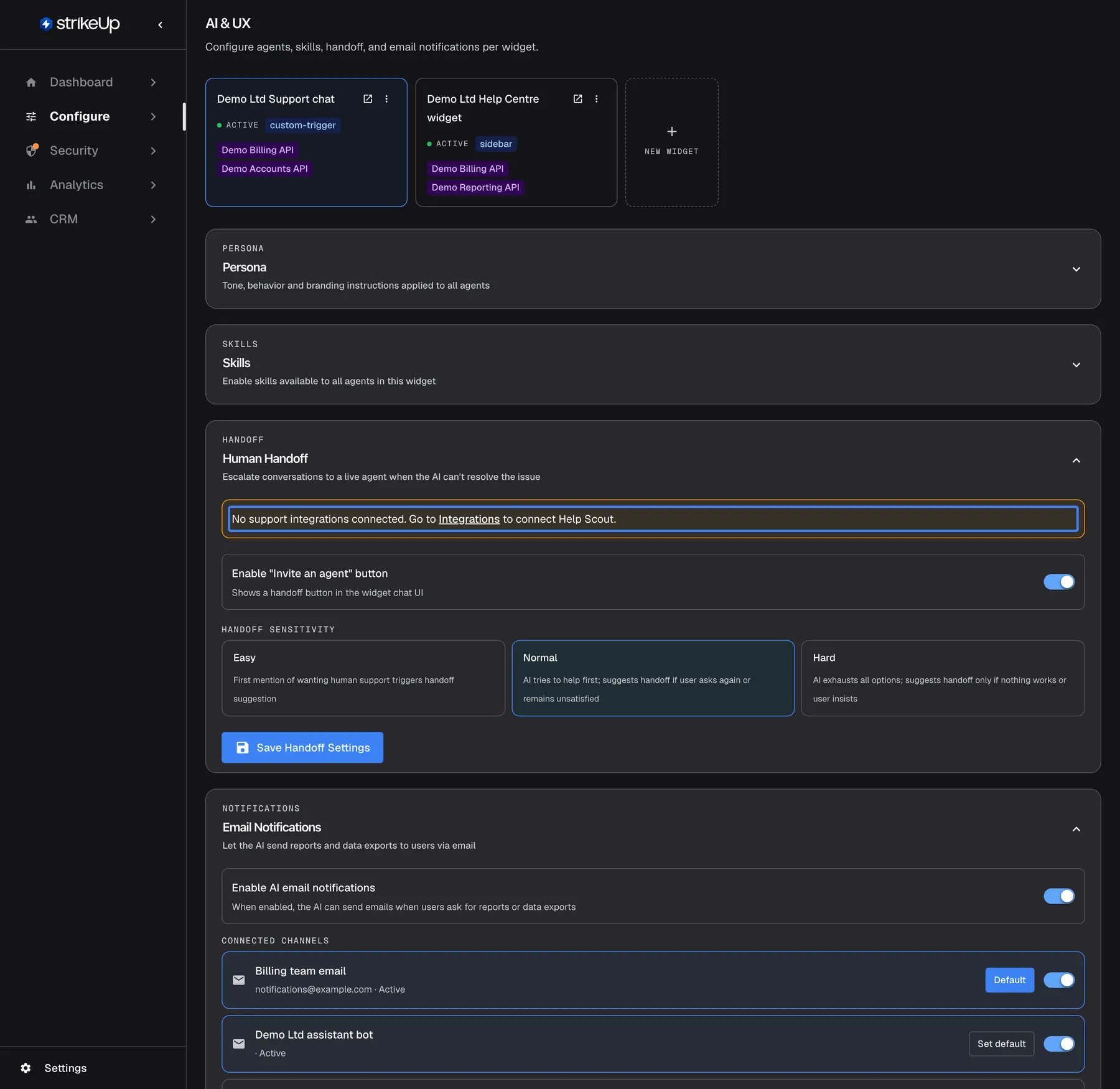 The Human Handoff section of the AI & UX page for "Demo Ltd Support chat" when no helpdesk is connected. At the top of the section the highlighted amber warning reads "No support integrations connected. Go to Integrations to connect Help Scout." The Invite an agent switch and the sensitivity cards are still shown, but there is no Integration drop-down, so the widget cannot hand a chat to a person yet.