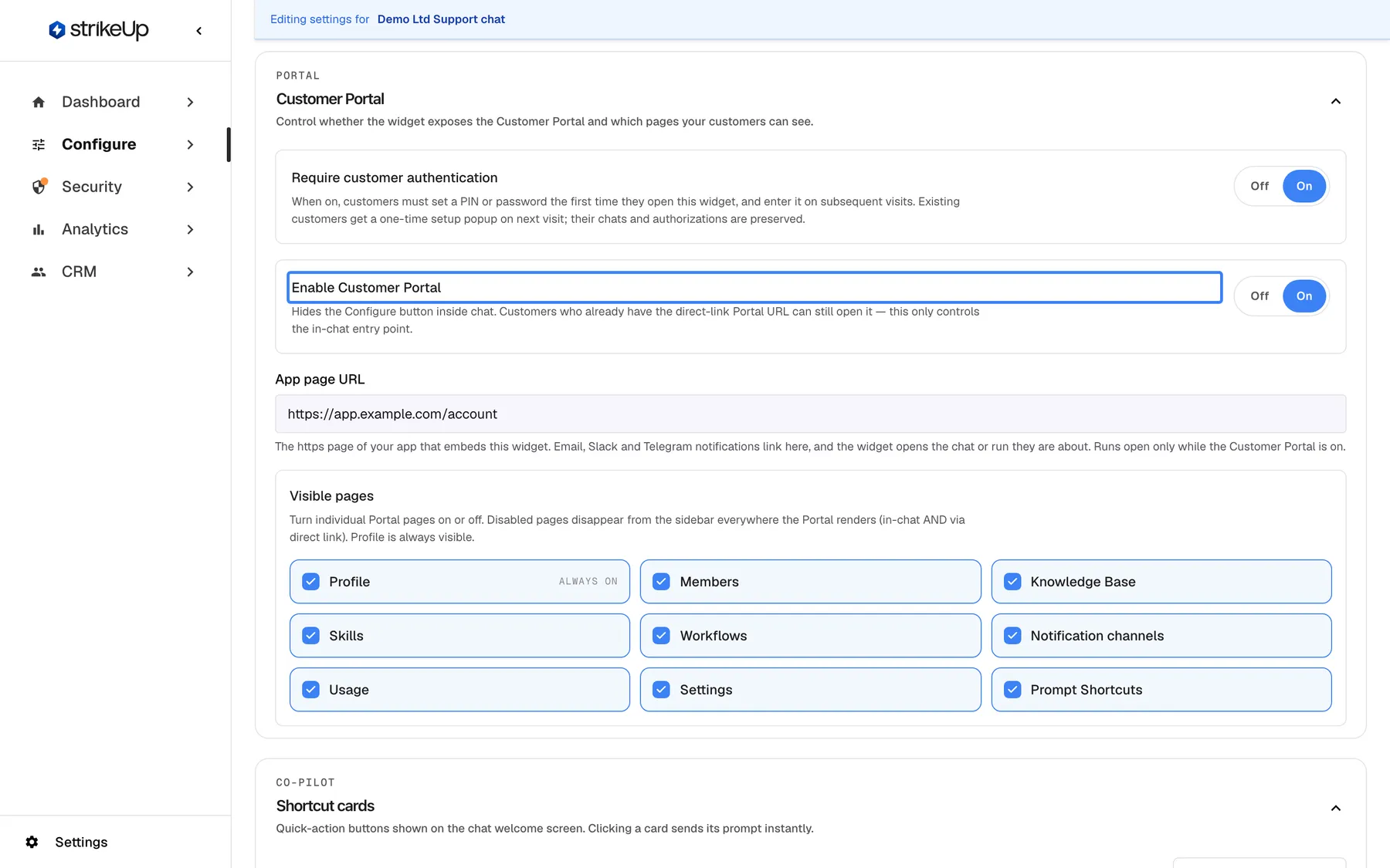 Step 8: Configure › User Interface for the widget "Demo Ltd Support chat", scrolled to the Customer Portal section. "Require customer authentication" is On, and the highlighted setting "Enable Customer Portal" is On, adding the Configure entry inside chat. Under "Visible pages", Profile (always on), Members, Knowledge Base, Skills, Workflows, Integrations, Usage, Settings and Prompt Shortcuts are all ticked.