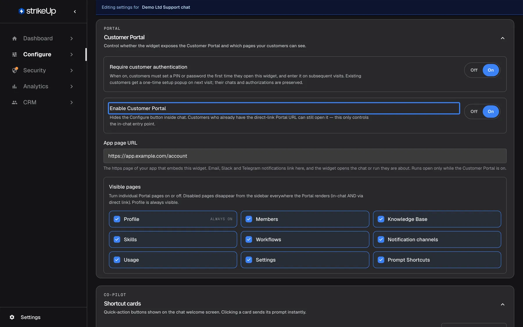 Step 8: Configure › User Interface for the widget "Demo Ltd Support chat", scrolled to the Customer Portal section. "Require customer authentication" is On, and the highlighted setting "Enable Customer Portal" is On, adding the Configure entry inside chat. Under "Visible pages", Profile (always on), Members, Knowledge Base, Skills, Workflows, Integrations, Usage, Settings and Prompt Shortcuts are all ticked.