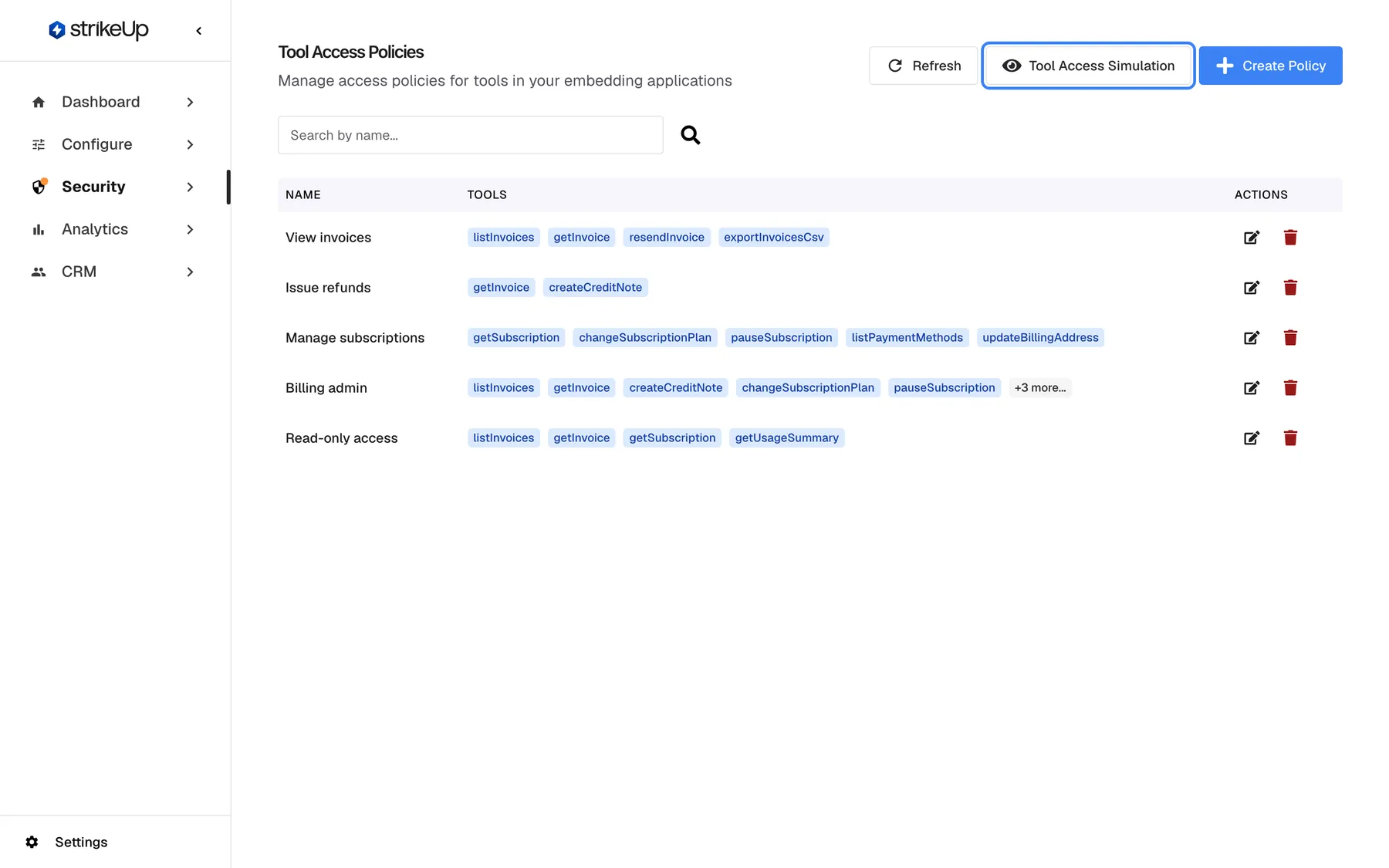 The Tool Access Policies page: the title "Tool Access Policies" with its subtitle, the search box, and on the right "Refresh", the highlighted "Tool Access Simulation" button with an eye icon and "Create Policy". The five policy rows, from View invoices to Read-only access, are listed below. "Tool Access Simulation" opens the Tool Access Preview page, which has no entry of its own in the sidebar.