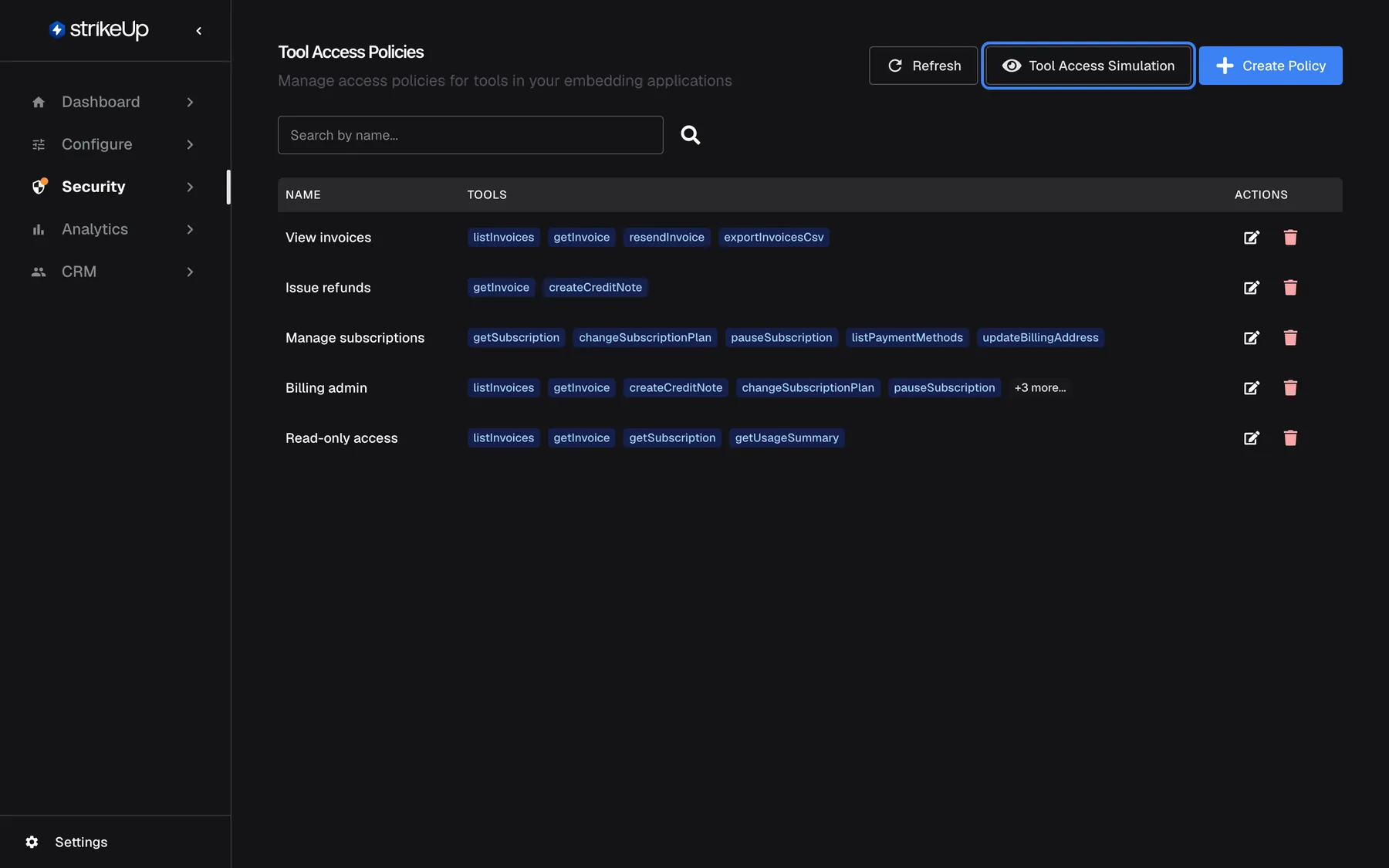 The Tool Access Policies page: the title "Tool Access Policies" with its subtitle, the search box, and on the right "Refresh", the highlighted "Tool Access Simulation" button with an eye icon and "Create Policy". The five policy rows, from View invoices to Read-only access, are listed below. "Tool Access Simulation" opens the Tool Access Preview page, which has no entry of its own in the sidebar.
