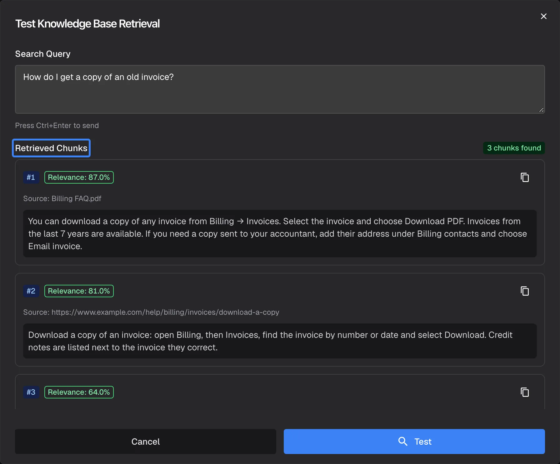 The "Test Knowledge Base Retrieval" dialog after a search. The Search Query is "How do I get a copy of an old invoice?". Under the highlighted heading "Retrieved Chunks" three passages are listed with their Relevance and Source: two from "Billing FAQ.pdf" and one from the web page https://www.example.com/help/billing/invoices/download-a-copy. Each passage shows the text the assistant would receive for this question. The test searches the whole knowledge base, not only what one widget can use.