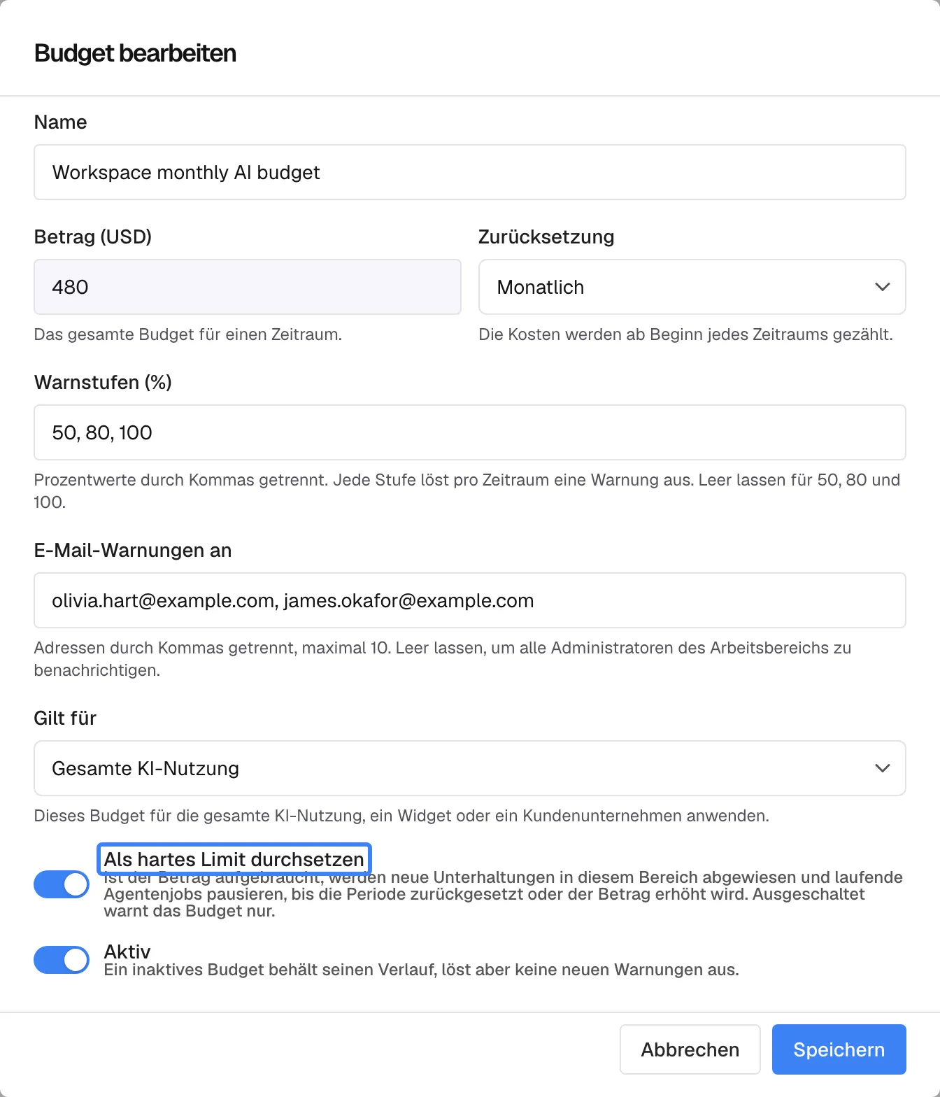 Der Dialog „Budget bearbeiten“ von „Workspace monthly AI budget“: Betrag (USD) 490, Zurücksetzung „Monatlich“, Warnstufen 50, 80 und 100, Gilt für „Gesamte KI-Nutzung“. Der hervorgehobene Schalter „Als hartes Limit durchsetzen“ ist an, mit der Erklärung, dass bei aufgebrauchtem Betrag neue Unterhaltungen in diesem Bereich abgewiesen werden und laufende Agentenjobs pausieren, bis die Periode zurückgesetzt oder der Betrag erhöht wird; ausgeschaltet warnt das Budget nur. „Aktiv“ ist an.