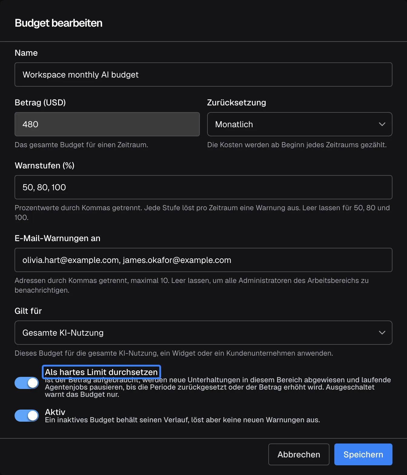 Der Dialog „Budget bearbeiten“ von „Workspace monthly AI budget“: Betrag (USD) 490, Zurücksetzung „Monatlich“, Warnstufen 50, 80 und 100, Gilt für „Gesamte KI-Nutzung“. Der hervorgehobene Schalter „Als hartes Limit durchsetzen“ ist an, mit der Erklärung, dass bei aufgebrauchtem Betrag neue Unterhaltungen in diesem Bereich abgewiesen werden und laufende Agentenjobs pausieren, bis die Periode zurückgesetzt oder der Betrag erhöht wird; ausgeschaltet warnt das Budget nur. „Aktiv“ ist an.