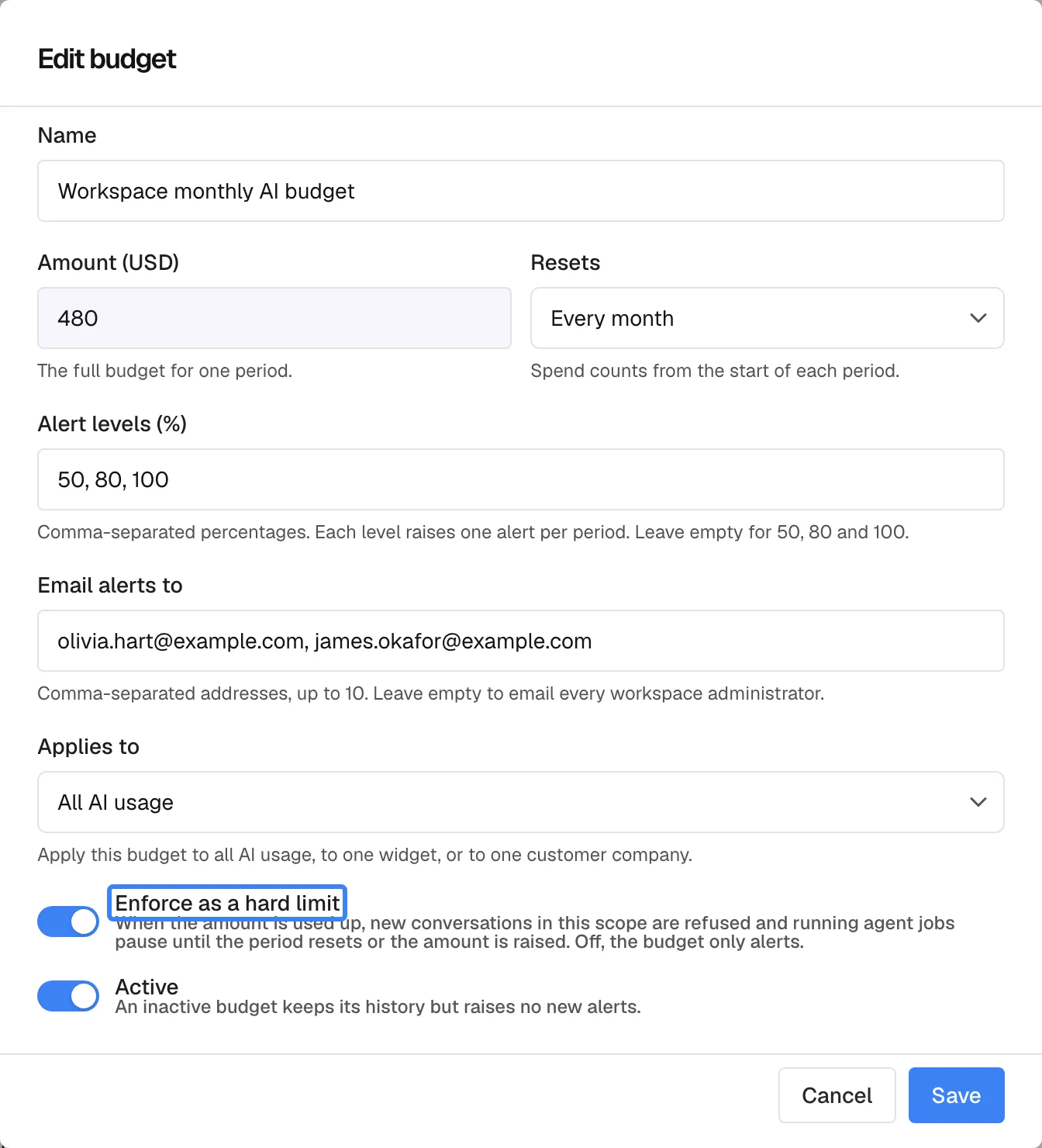 The "Edit budget" dialog of "Workspace monthly AI budget": Amount (USD) 490, Resets "Every month", Alert levels 50, 80 and 100, Applies to "All AI usage". The highlighted switch "Enforce as a hard limit" is on, with the explanation "When the amount is used up, new conversations in this scope are refused and running agent jobs pause until the period resets or the amount is raised. Off, the budget only alerts." "Active" is on.